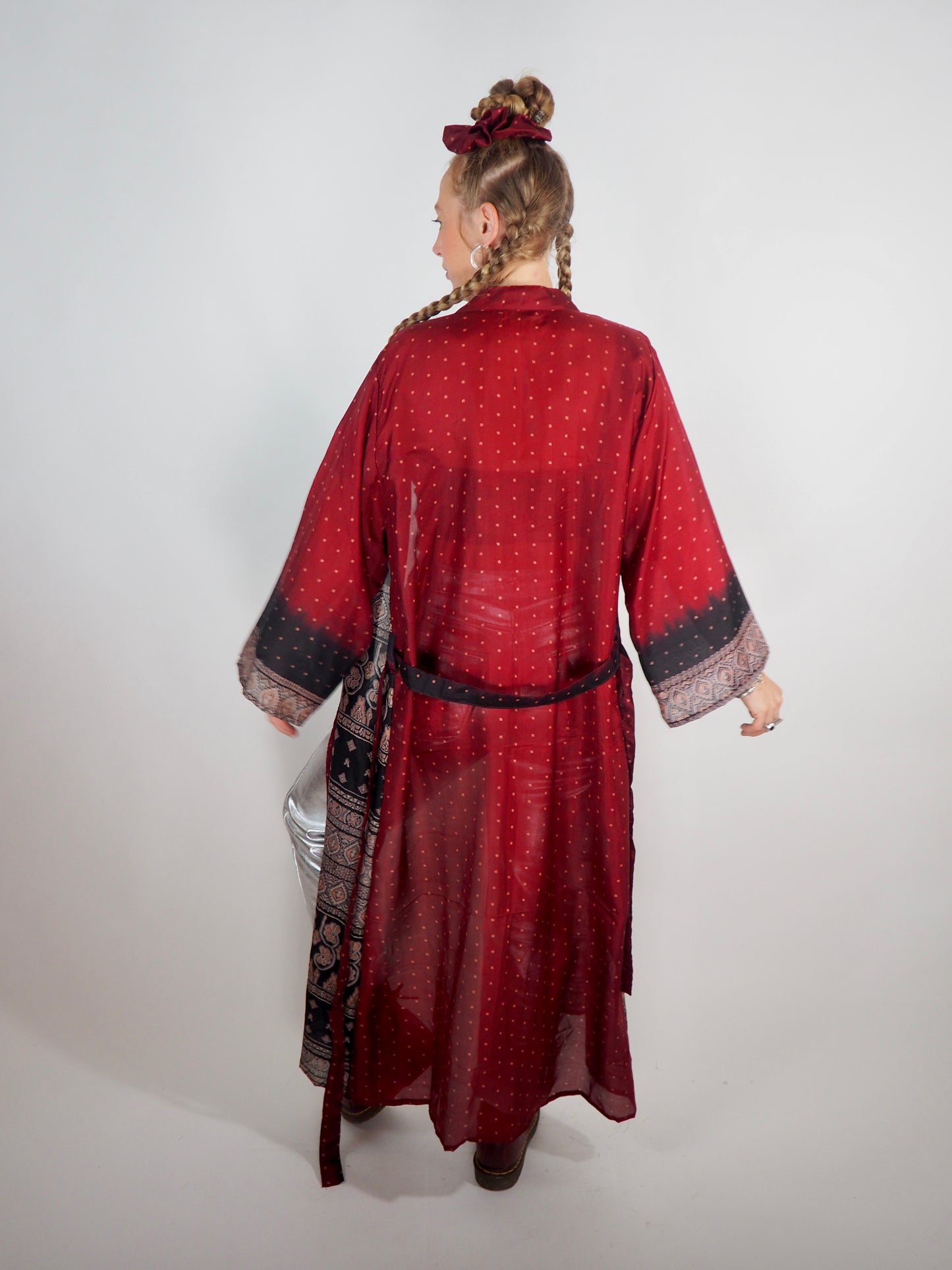 The Kardash Long Kimono – Up-cycled Vintage Sari long Kimono Robe with Waist Tie + Matching Scrunchy & Storage Bag