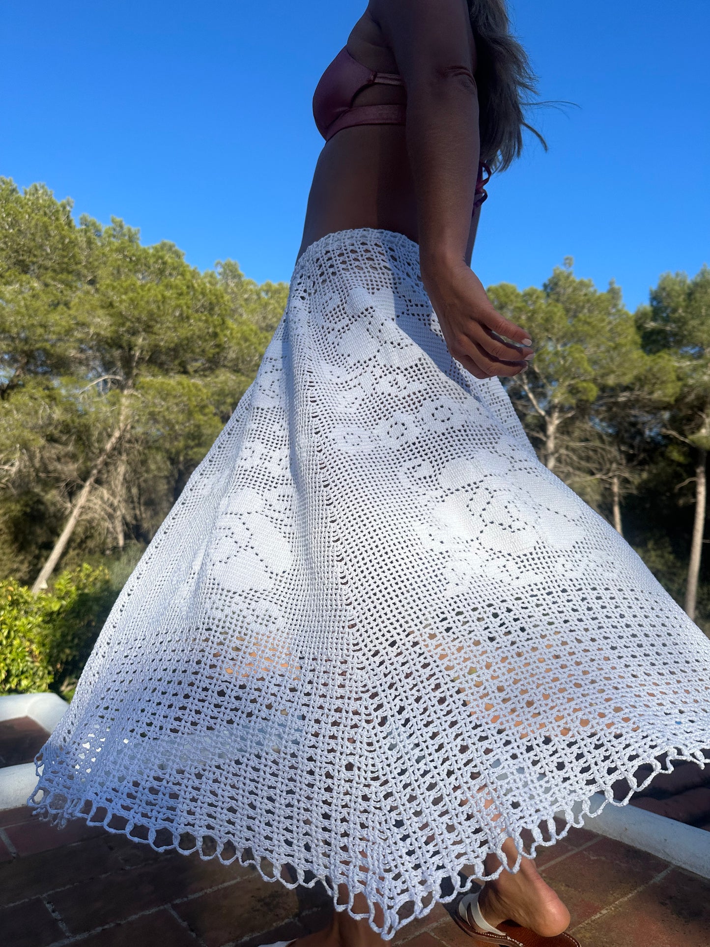 Long length white crochet shirt up-cycled by Vagabond Ibiza made by Vagabond Ibiza