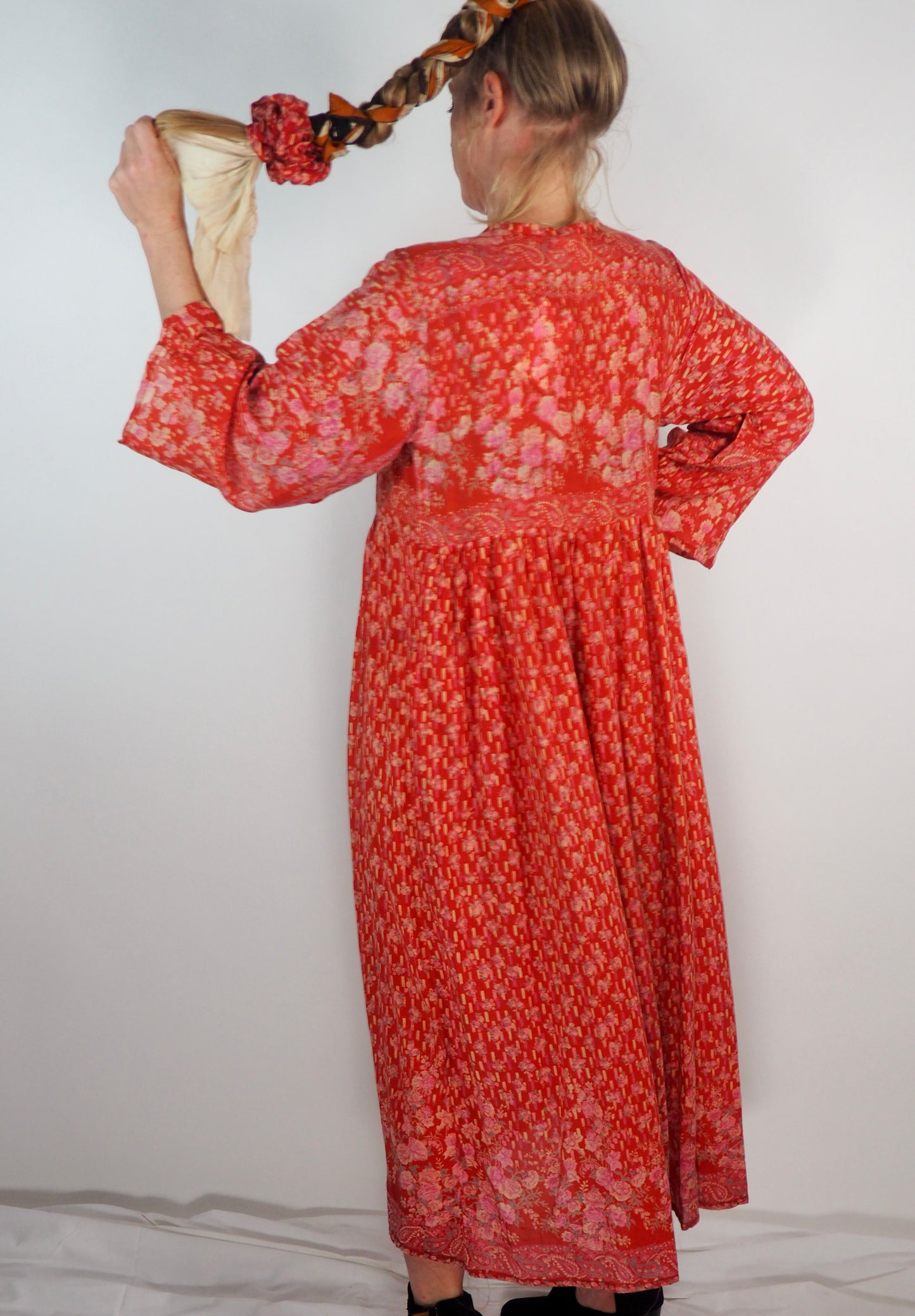 The Vadella Up-cycled Vintage Re-cycled Sari Maxi Dress – Sustainable Boho Dress with Tie Neck Detail + Matching Scrunchy & Bag