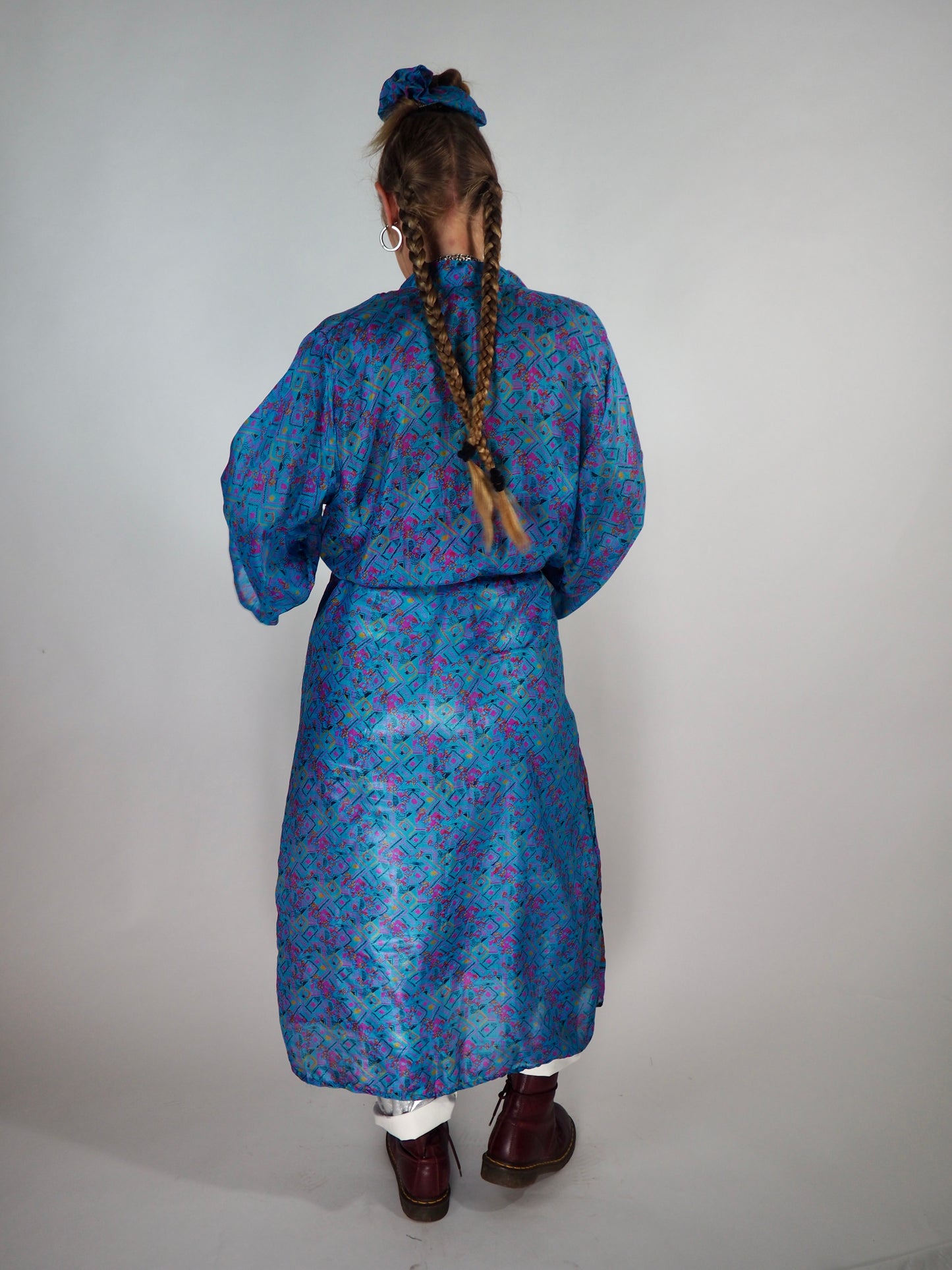 The Kardash Long Kimono – Up-cycled Vintage Sari long Kimono Robe with Waist Tie + Matching Scrunchy & Storage Bag