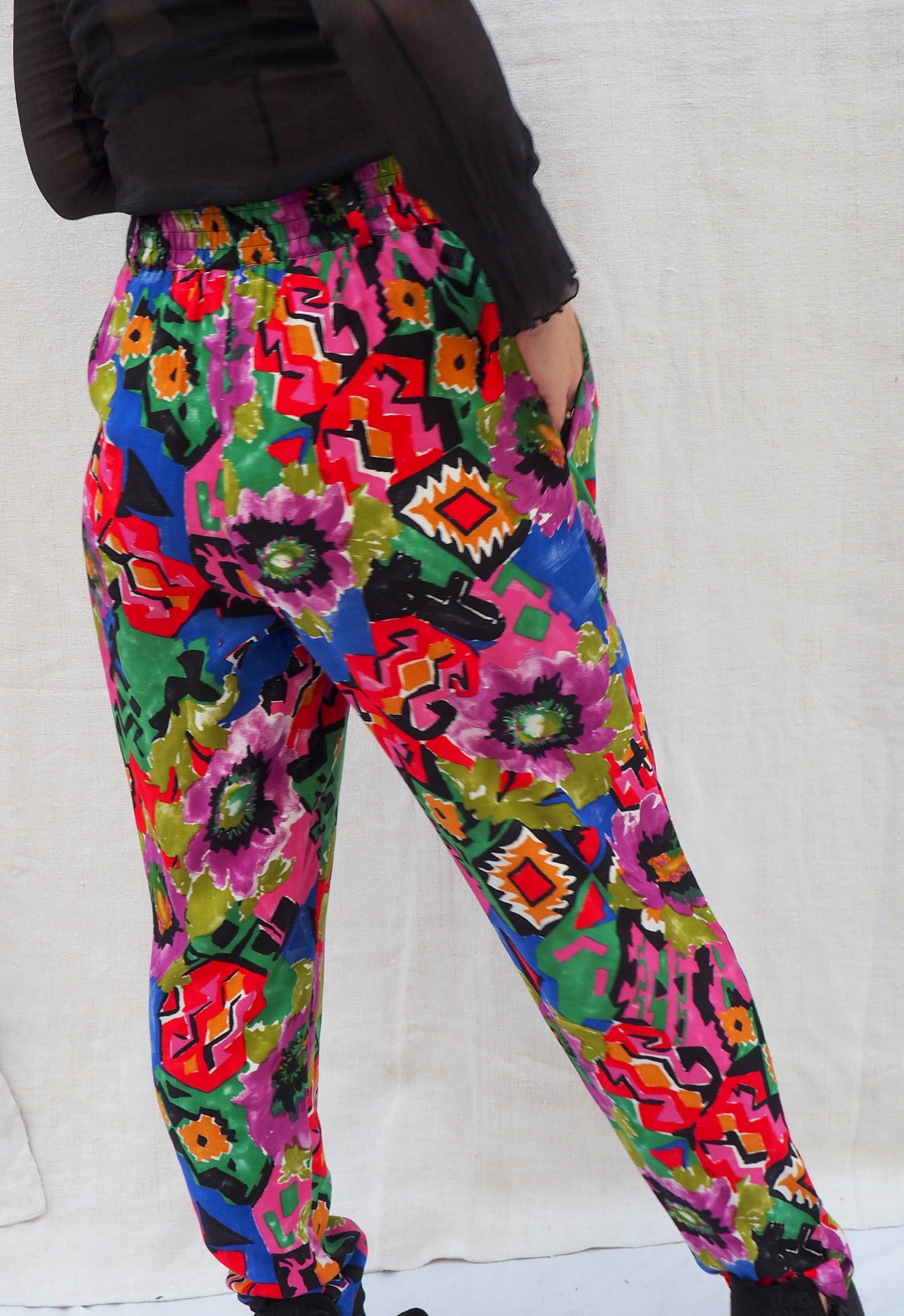 Vintage 1980s Colorful Cotton Printed Pants – Retro Geometric & Floral High-Waisted Trousers