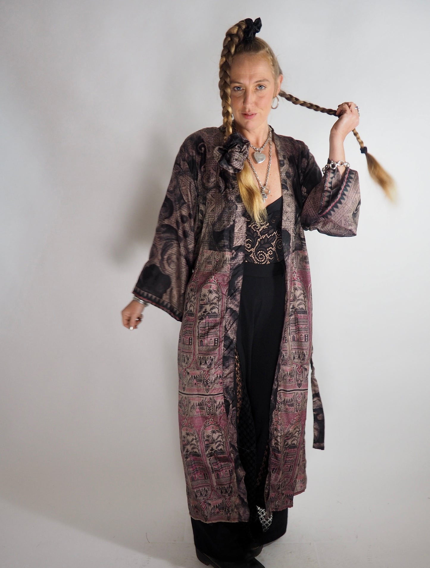 The Kardash Long Kimono – Up-cycled Vintage Sari long Kimono Robe with Waist Tie + Matching Scrunchy & Storage Bag