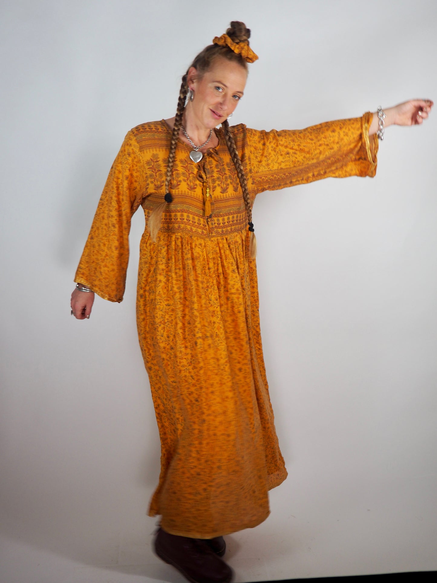 The Vadella Up-cycled Vintage Re-cycled Sari Maxi Dress – Sustainable Boho Dress with Tie Neck Detail + Matching Scrunchy & Bag