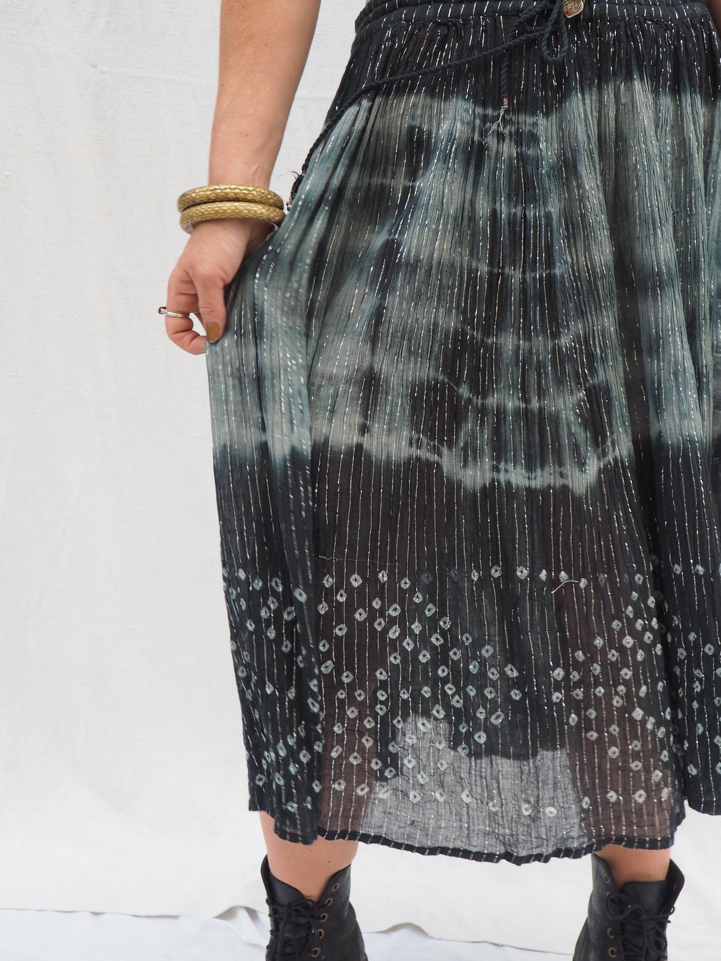 Vintage 1970s Indian Cotton Gauze Skirt with Tie-Dye and Silver Thread Detail