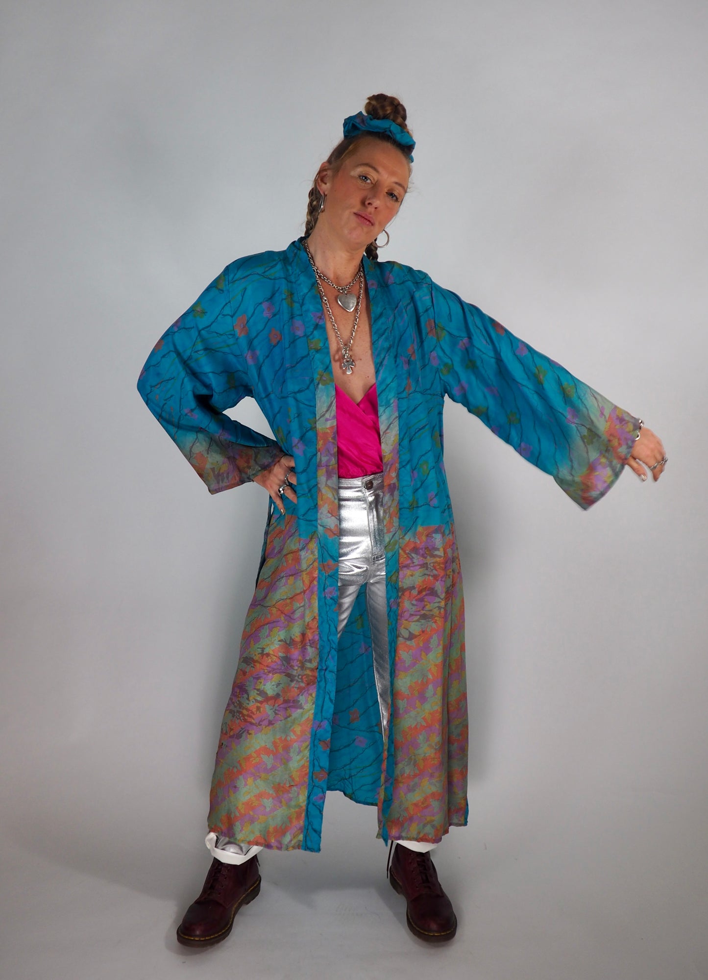 The Kardash Long Kimono – Up-cycled Vintage Sari long Kimono Robe with Waist Tie + Matching Scrunchy & Storage Bag