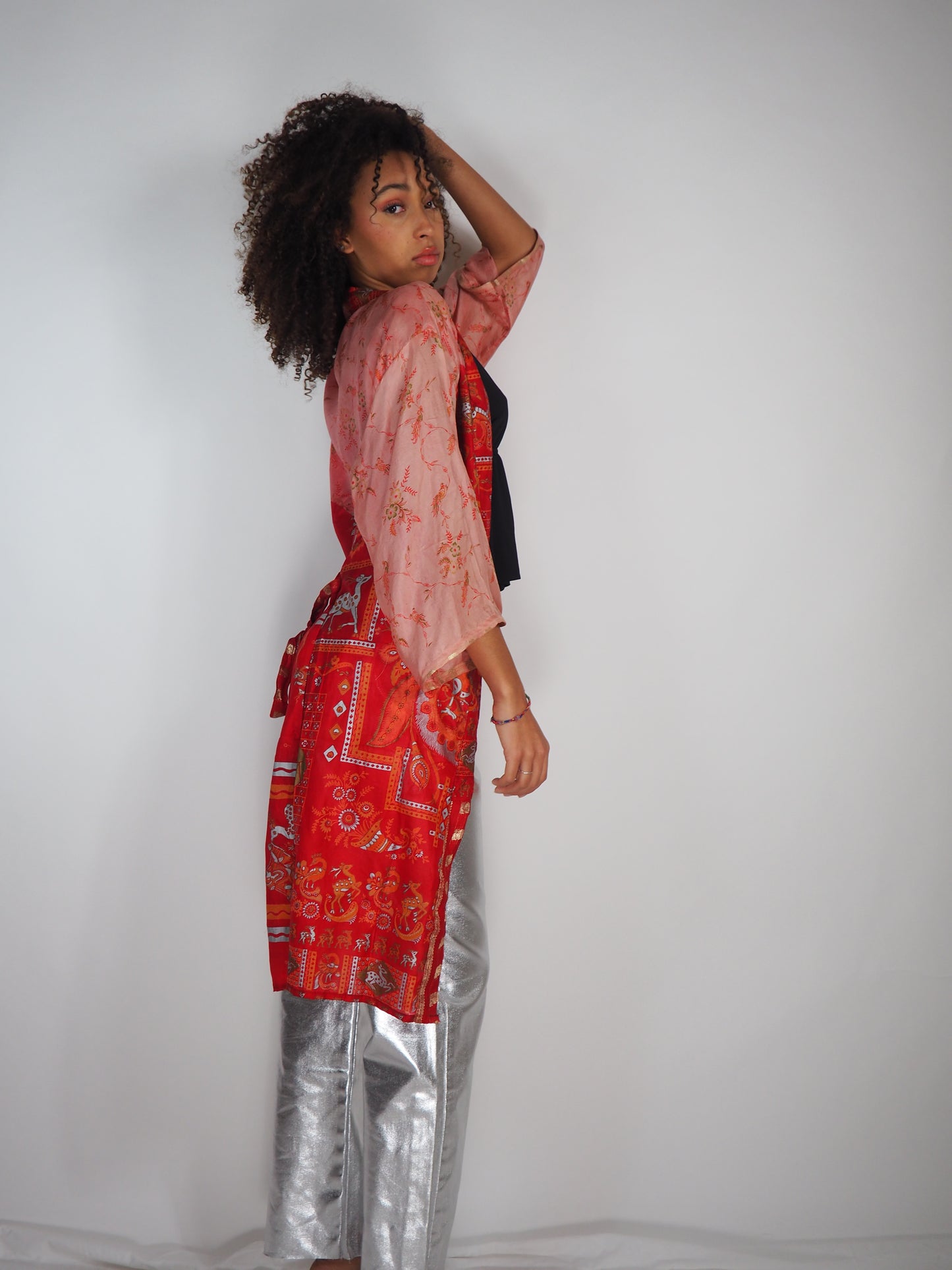 The Kardash Medium-Length Kimono – Up-cycled Vintage Sari Sustainable Kimono Jacket with Waist Tie + Matching Scrunchy & Storage Bag