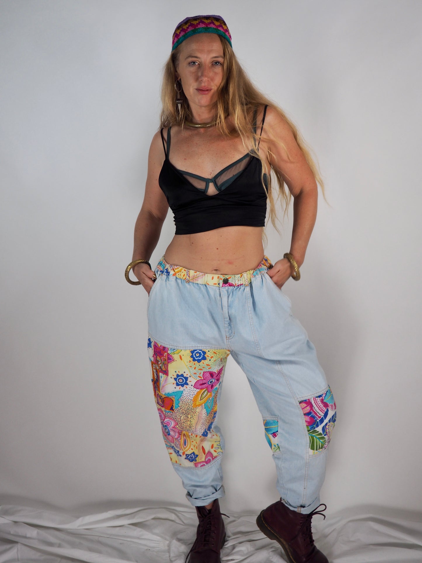 Vintage 1980s Denim Patchwork Pants a bold and playful statement piece