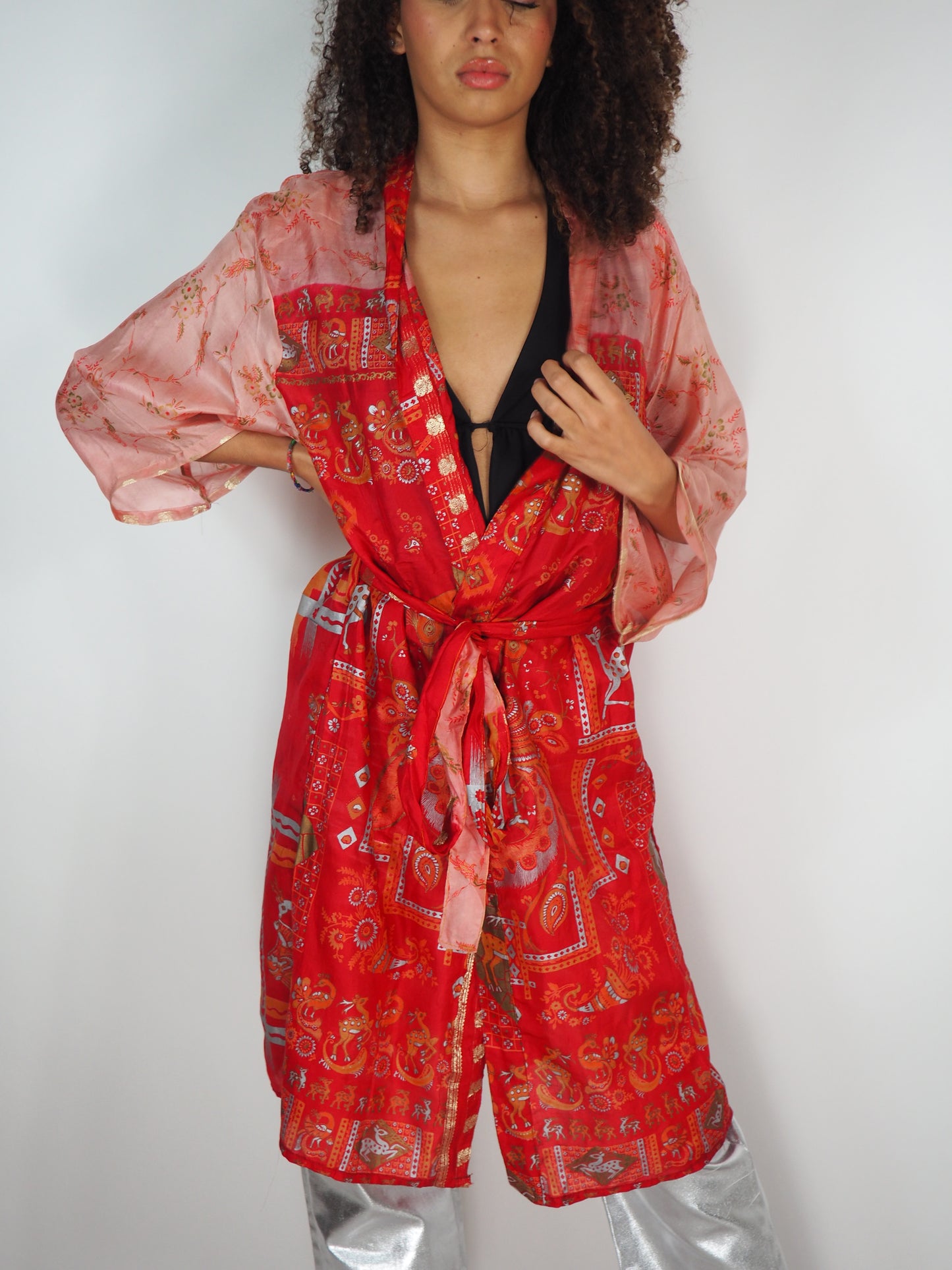 The Kardash Medium-Length Kimono – Up-cycled Vintage Sari Sustainable Kimono Jacket with Waist Tie + Matching Scrunchy & Storage Bag