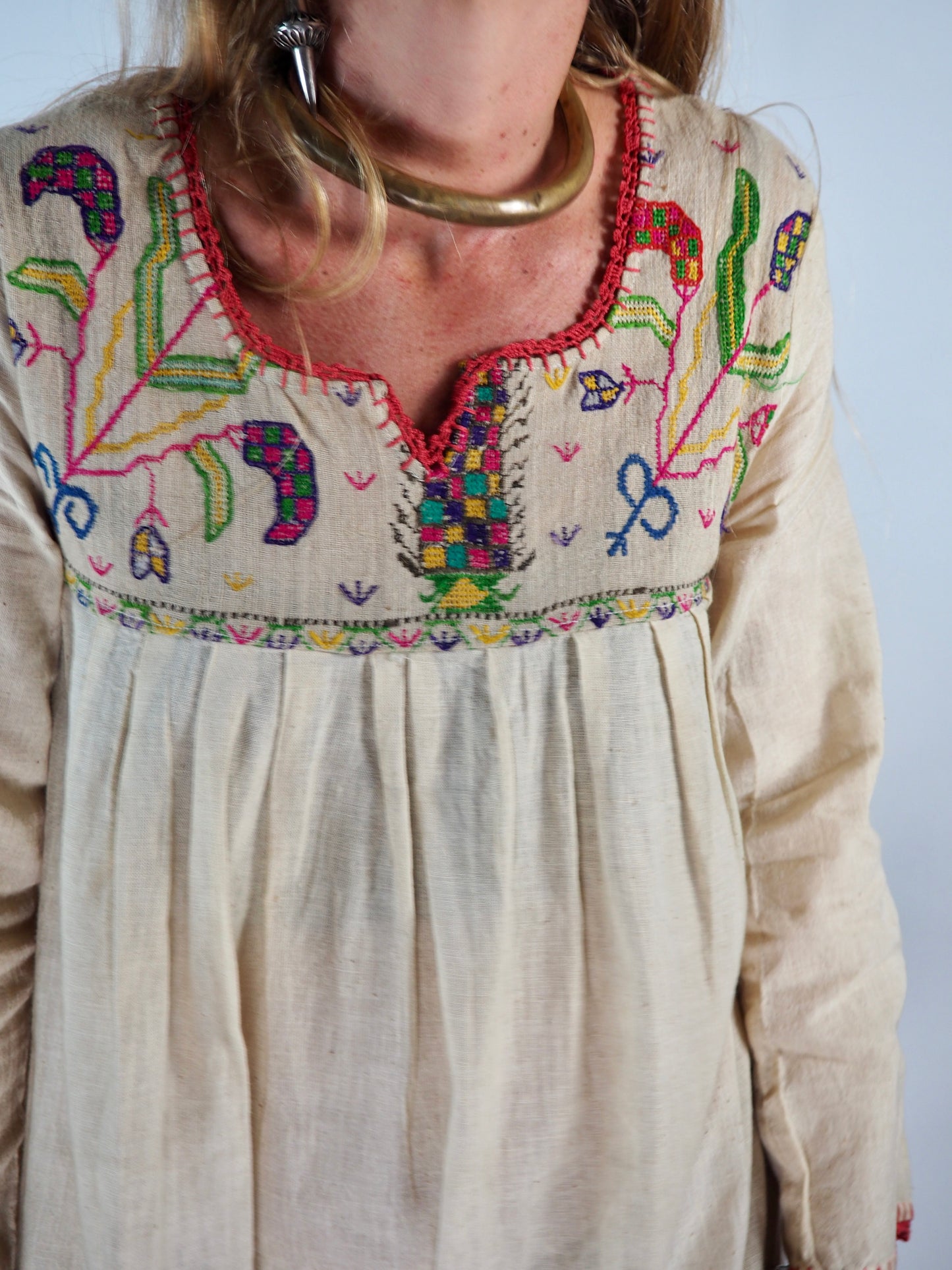 Vintage 1970s Embroidered Indian Cotton Dress