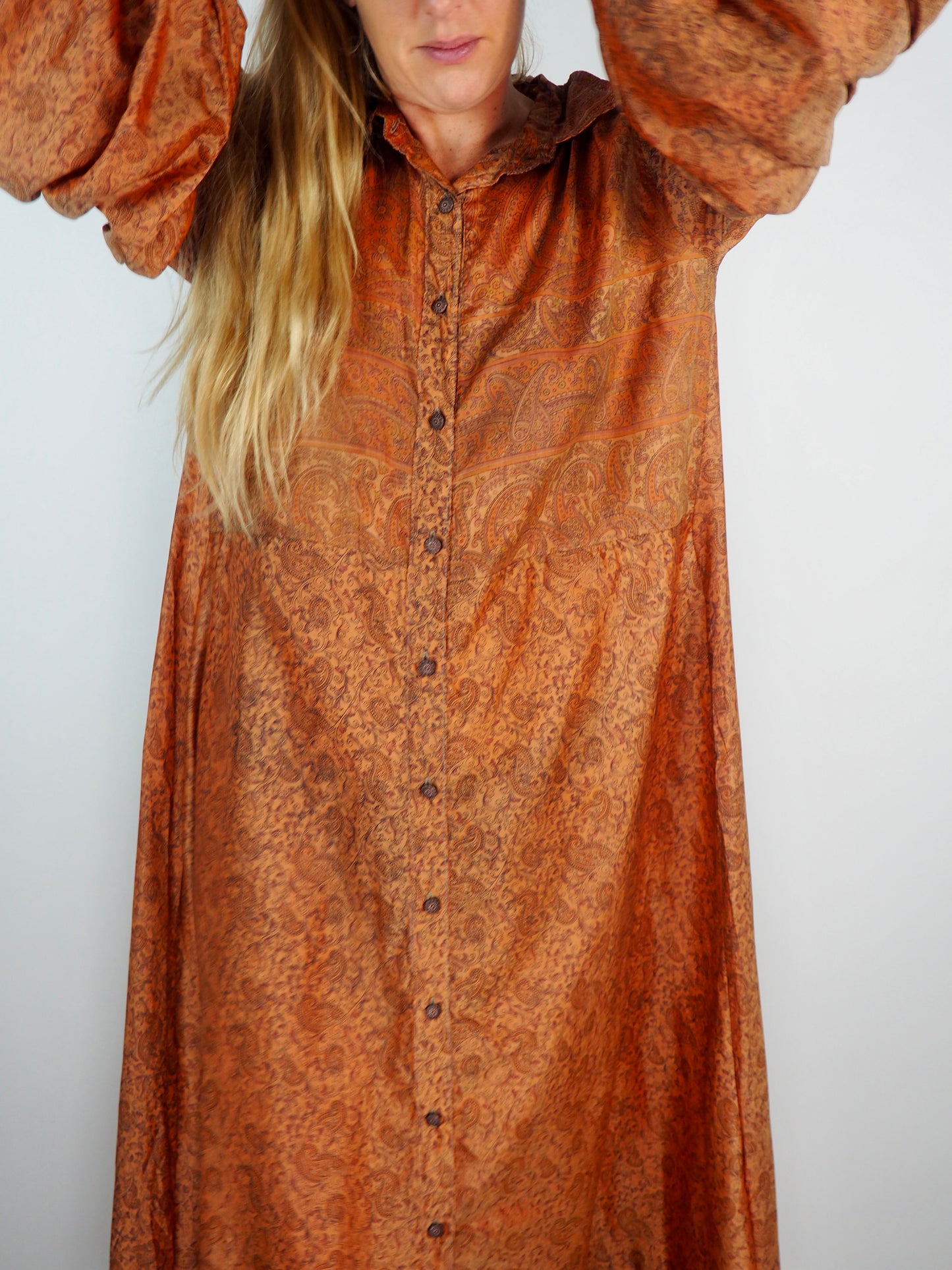 The Lenya Up-cycled Vintage Sari Dress – Sustainable Boho Dress with Oversized Sleeves Matching Scrunchy & Storage Bag