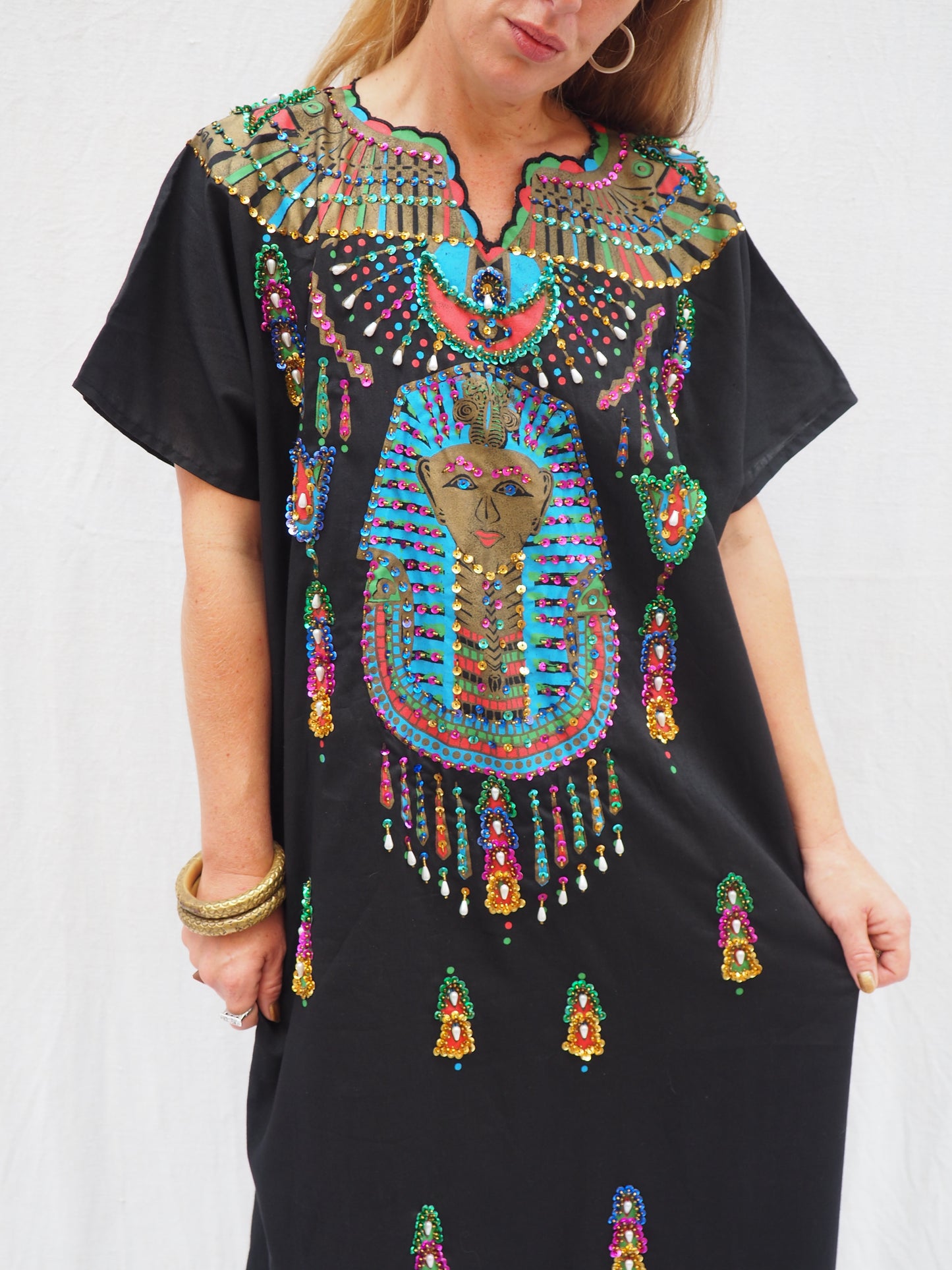 Vintage Black Kaftan with printed bead and Gold Detail