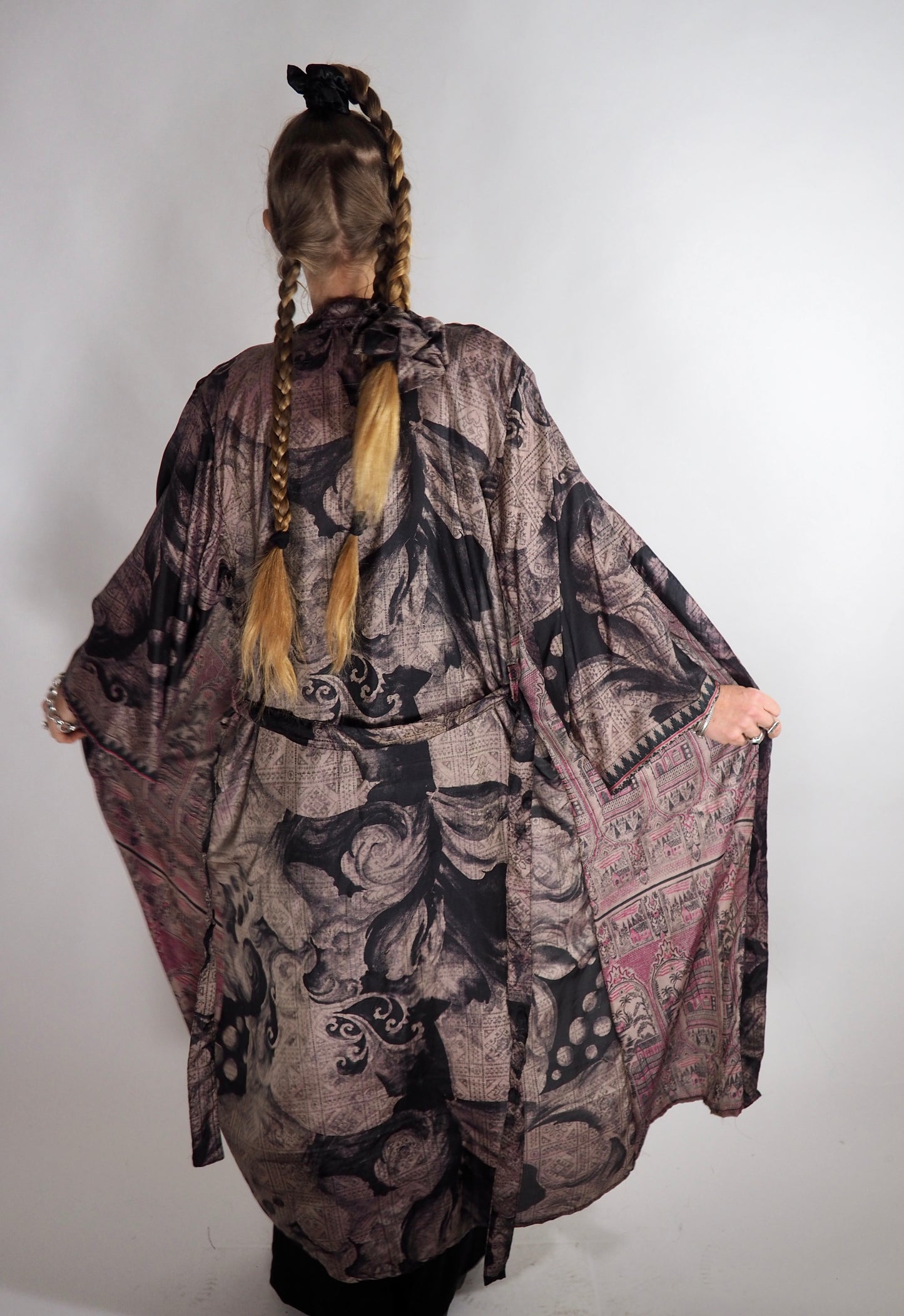 The Kardash Long Kimono – Up-cycled Vintage Sari long Kimono Robe with Waist Tie + Matching Scrunchy & Storage Bag