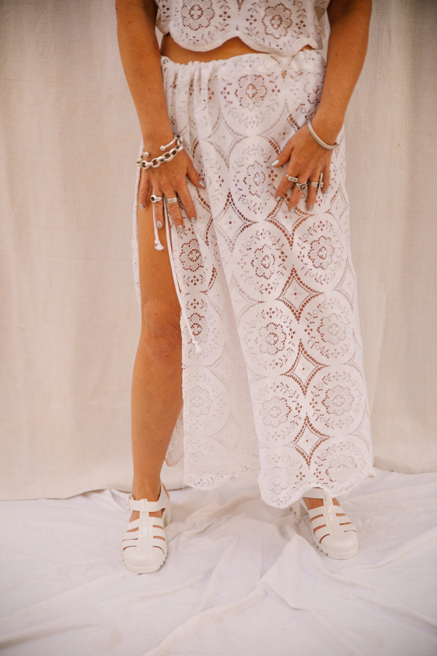 Upcycled Vintage Lace Wrap-Around Skirt with Side Splits – Handmade by Vagabond Ibiza