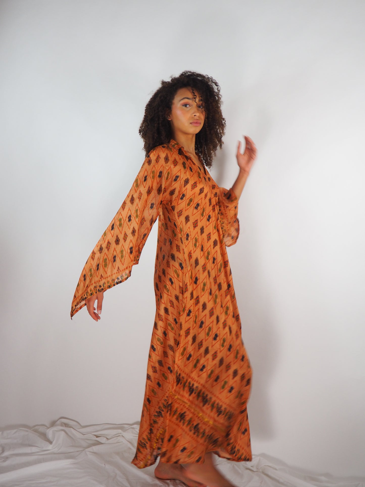 The Diamond Bias-Cut Maxi Dress – Up-cycled Vintage Sari Sustainable Dress with angel Sleeves + Matching Scrunchy & Bag