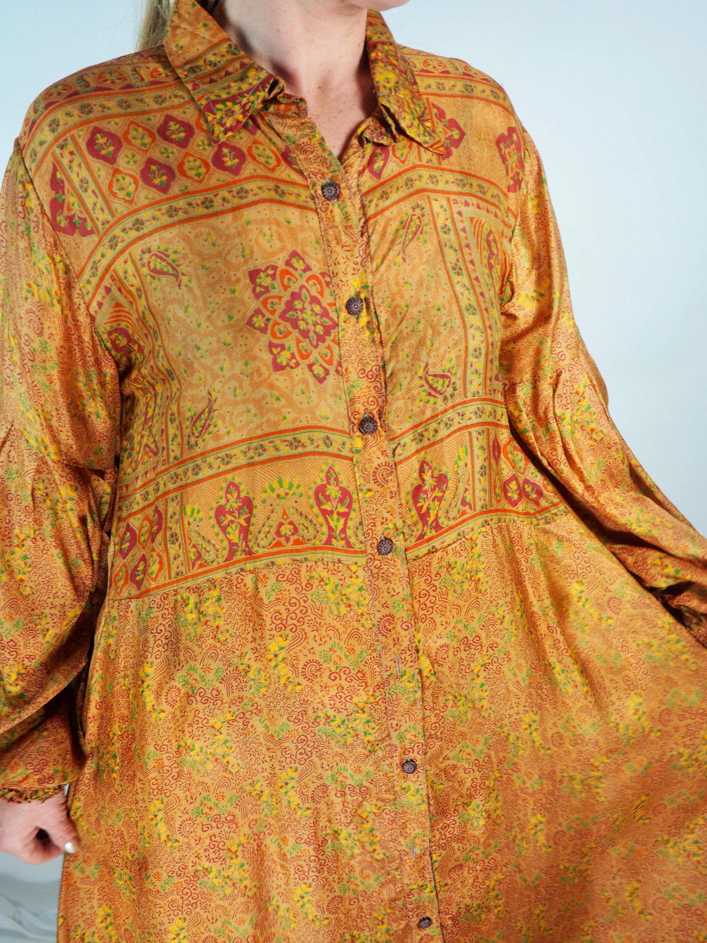 The Lenya Up-cycled Vintage Sari Dress – Sustainable Boho Dress with Oversized Sleeves Matching Scrunchy & Storage Bag