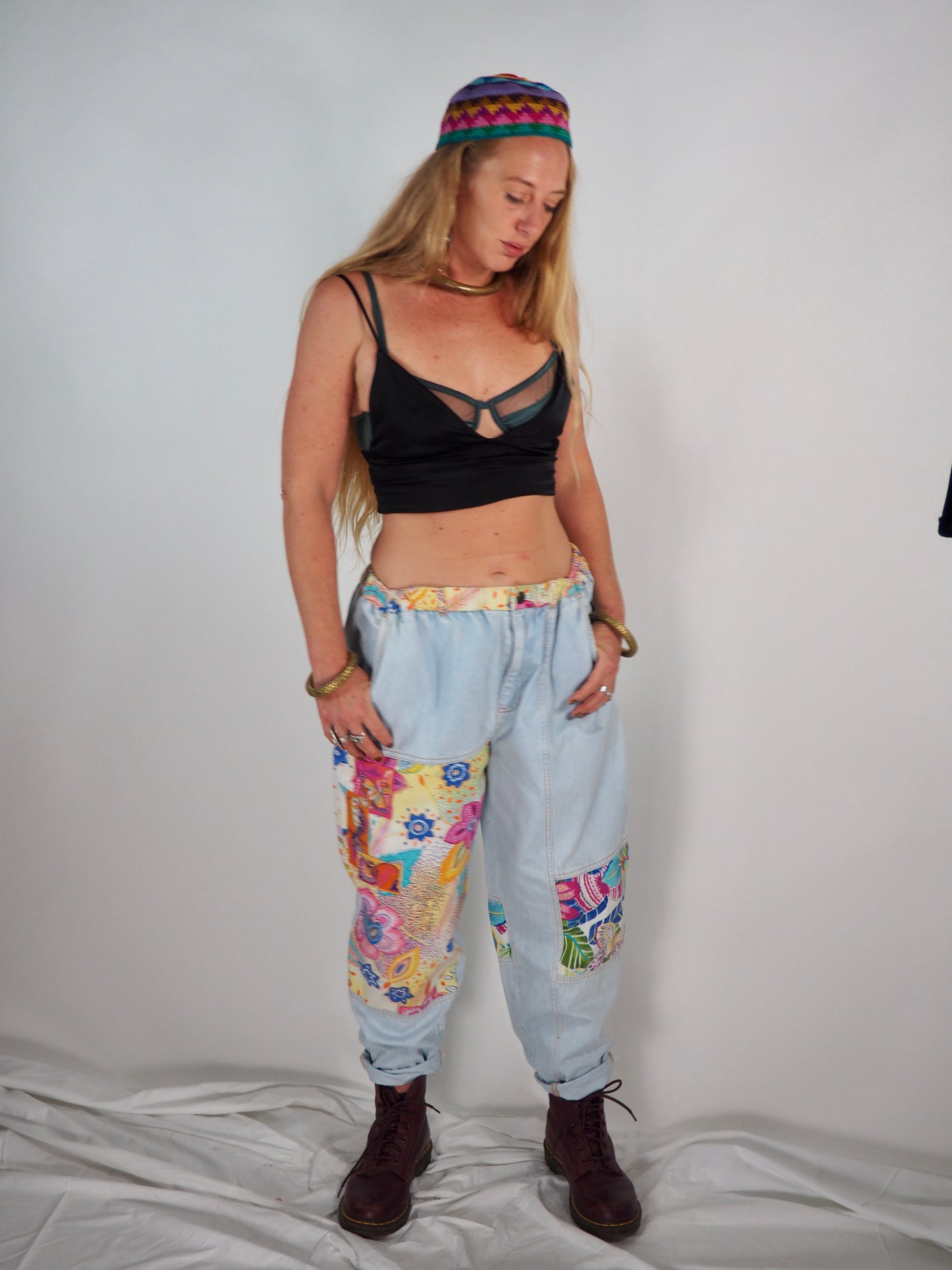 Vintage 1980s Denim Patchwork Pants a bold and playful statement piece