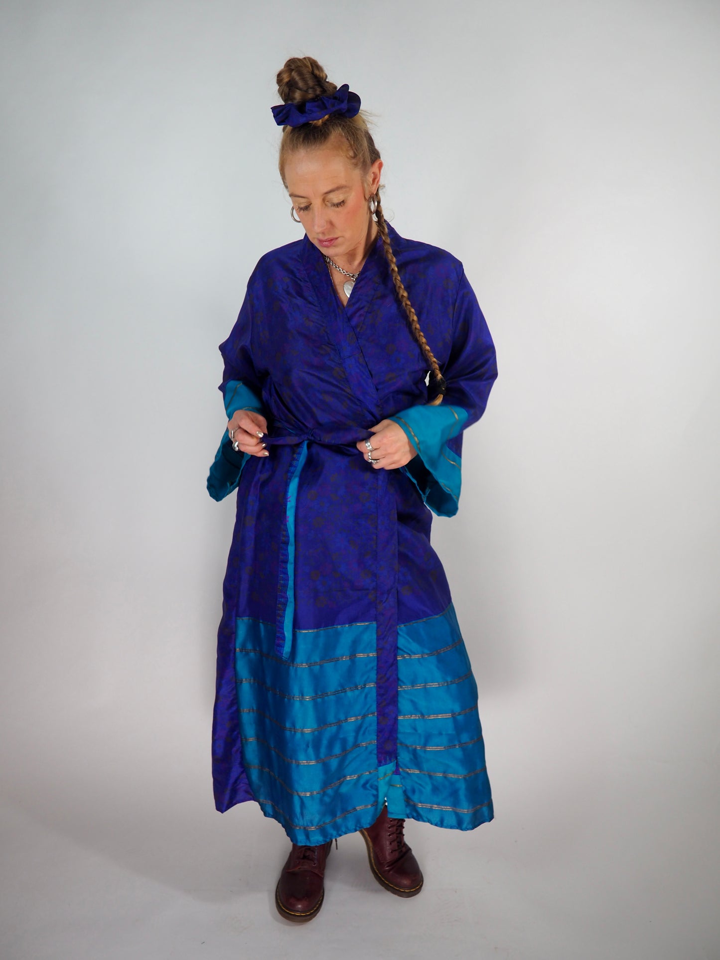 The Kardash Long Kimono – Up-cycled Vintage Sari long Kimono Robe with Waist Tie + Matching Scrunchy & Storage Bag