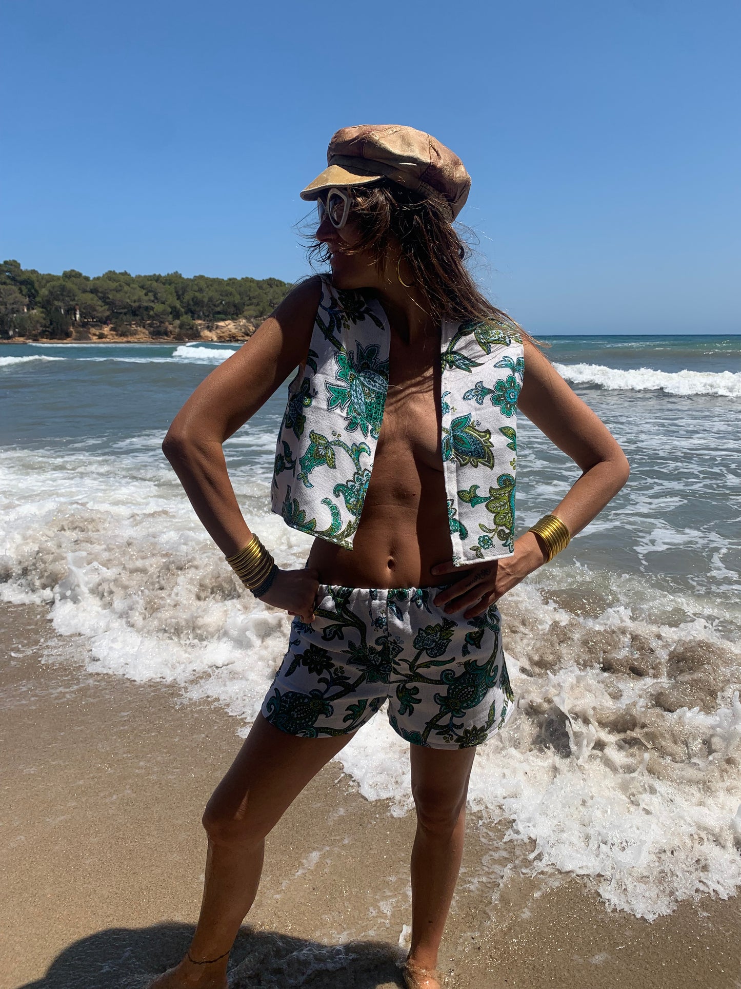 Vintage green and white floral up-cycled 2 piece set shorts and waistcoat by Vagabond Ibiza