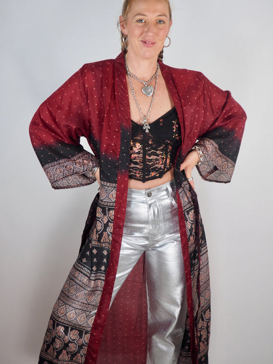 The Kardash Long Kimono – Up-cycled Vintage Sari long Kimono Robe with Waist Tie + Matching Scrunchy & Storage Bag