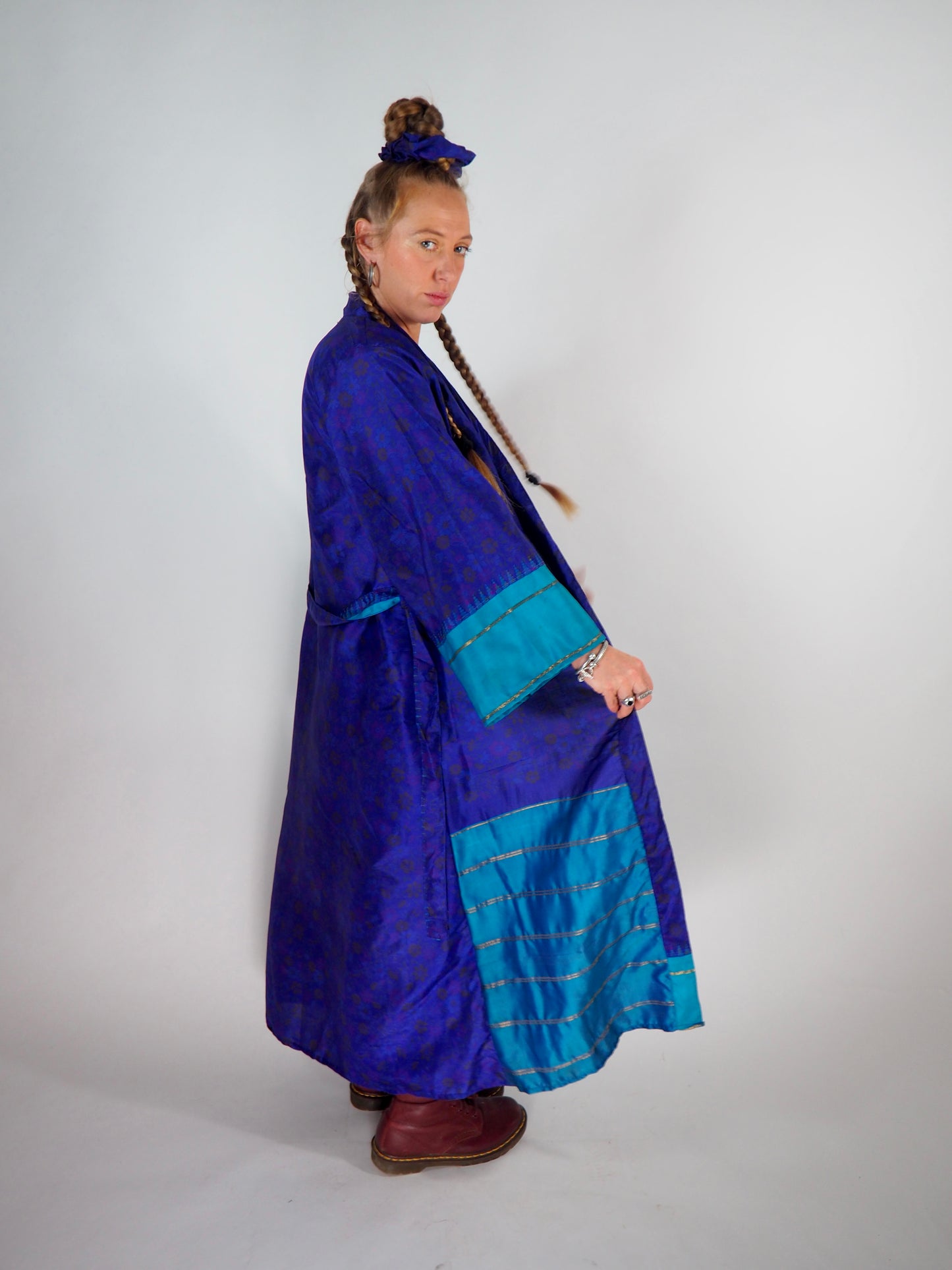 The Kardash Long Kimono – Up-cycled Vintage Sari long Kimono Robe with Waist Tie + Matching Scrunchy & Storage Bag