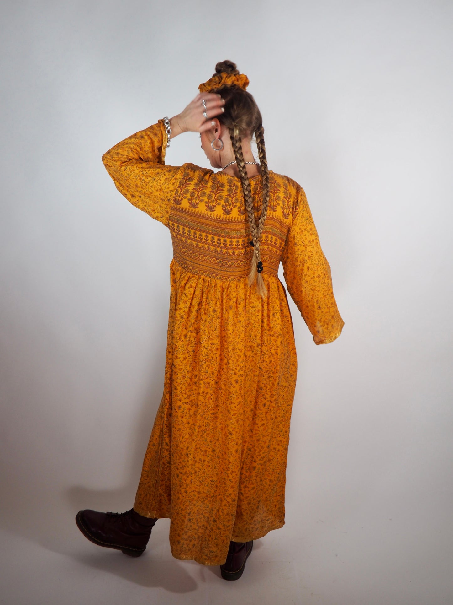 The Vadella Up-cycled Vintage Re-cycled Sari Maxi Dress – Sustainable Boho Dress with Tie Neck Detail + Matching Scrunchy & Bag