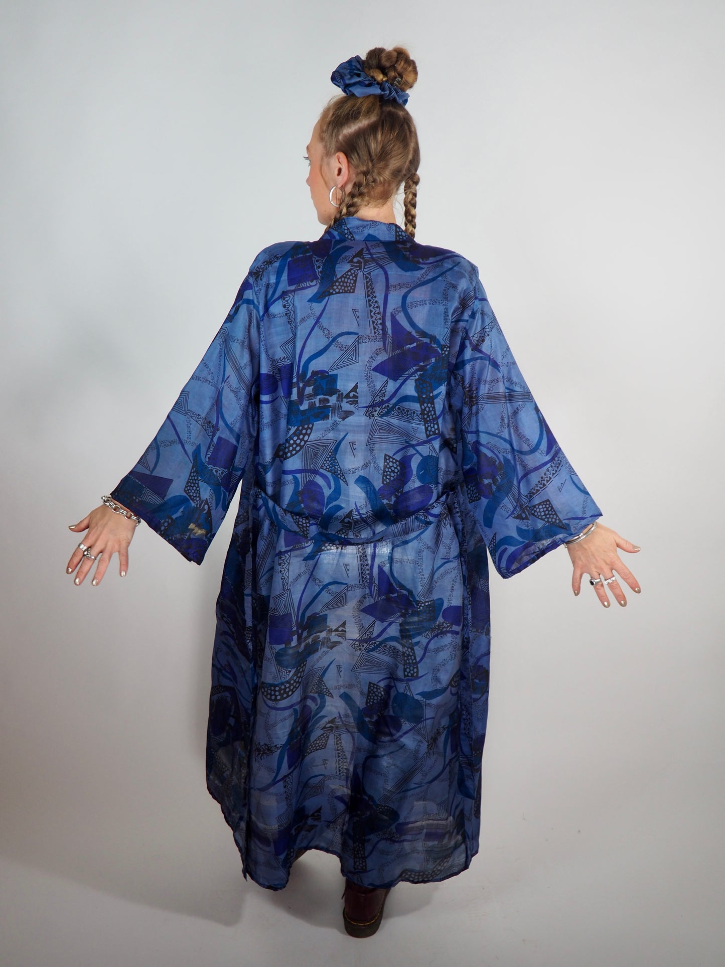 The Kardash Long Kimono – Up-cycled Vintage Sari long Kimono Robe with Waist Tie + Matching Scrunchy & Storage Bag