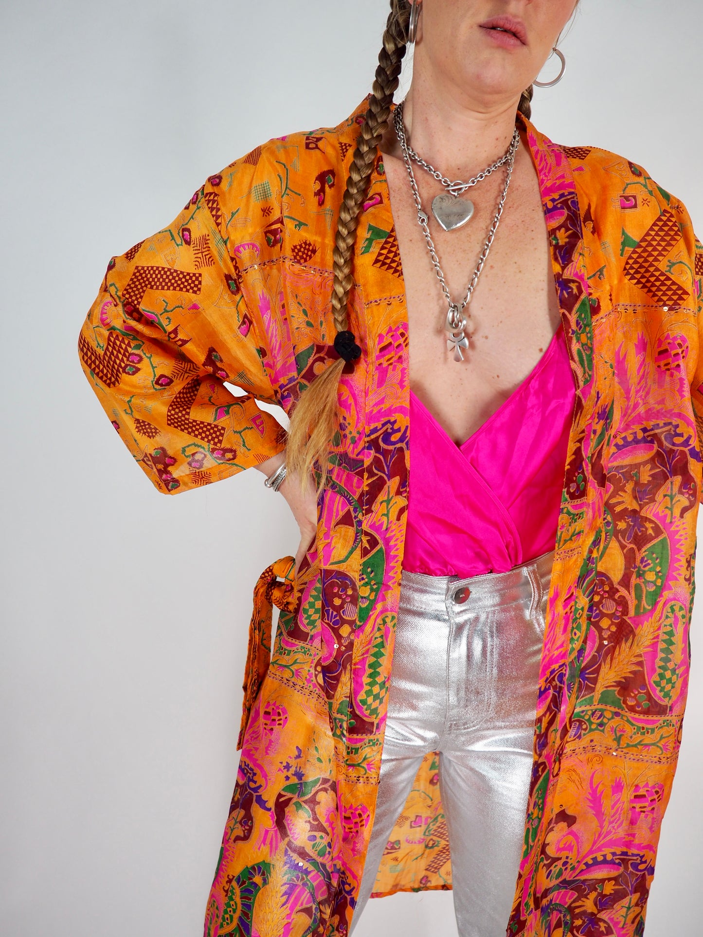 The Kardash Medium-Length Kimono – Up-cycled Vintage Sari Kimono Jacket with Waist Tie + Matching Scrunchy & Storage Bag