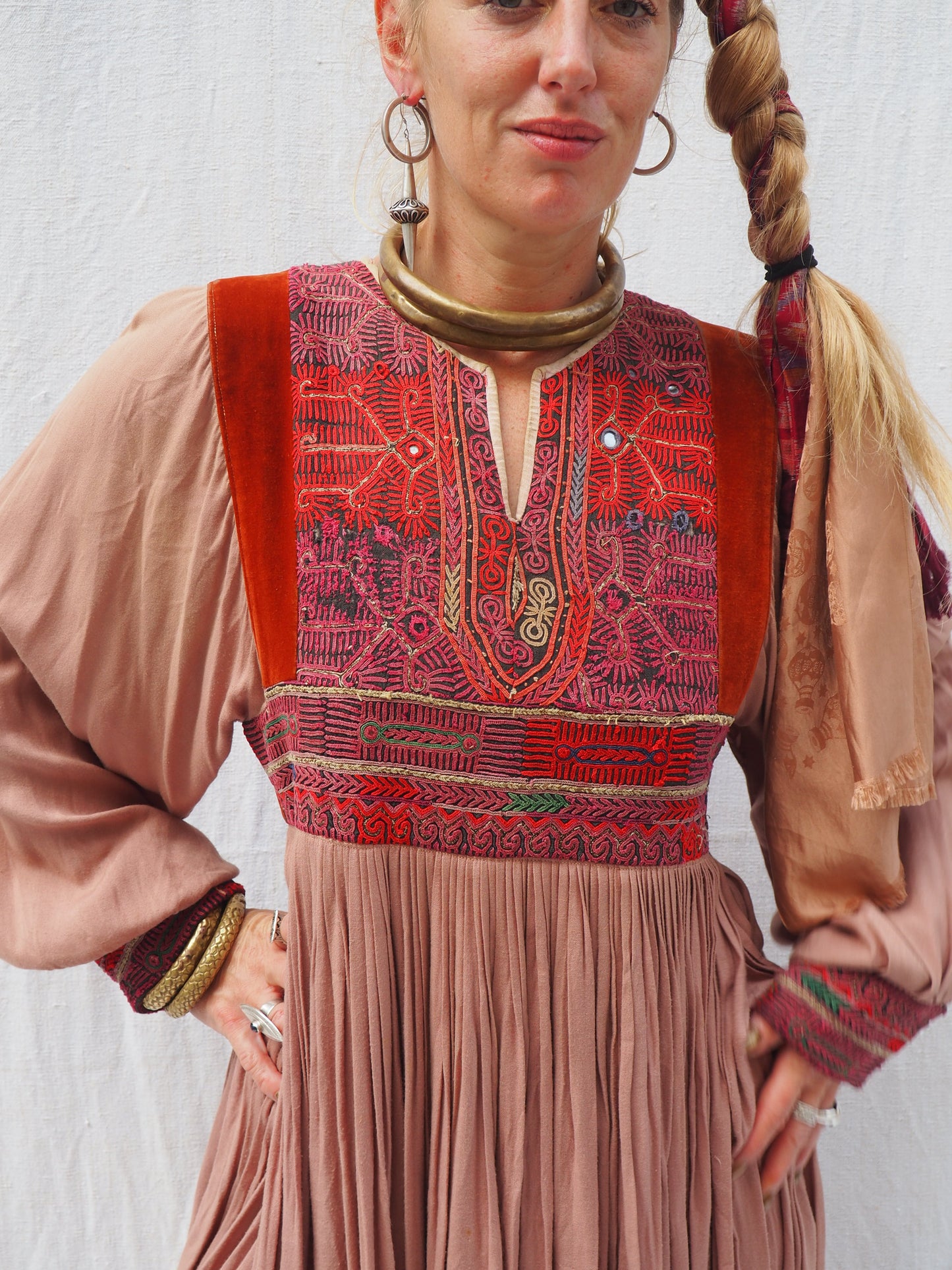 Vintage 1970s Afghan Dress with Hand Embroidery and Suede Panels