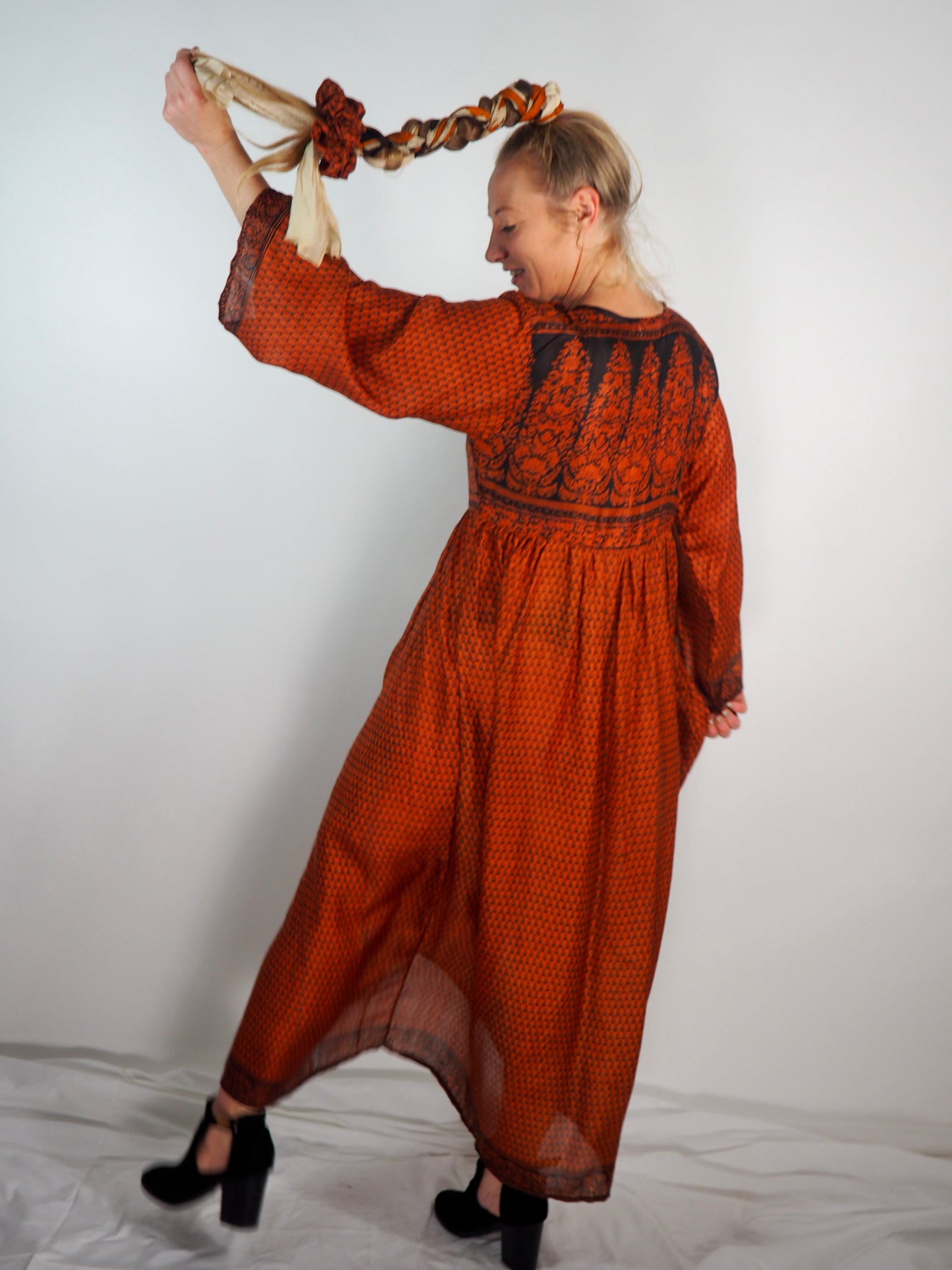 The Vadella Up-cycled Vintage Re-cycled Sari Maxi Dress – Sustainable Boho Dress with Tie Neck Detail + Matching Scrunchy & Bag