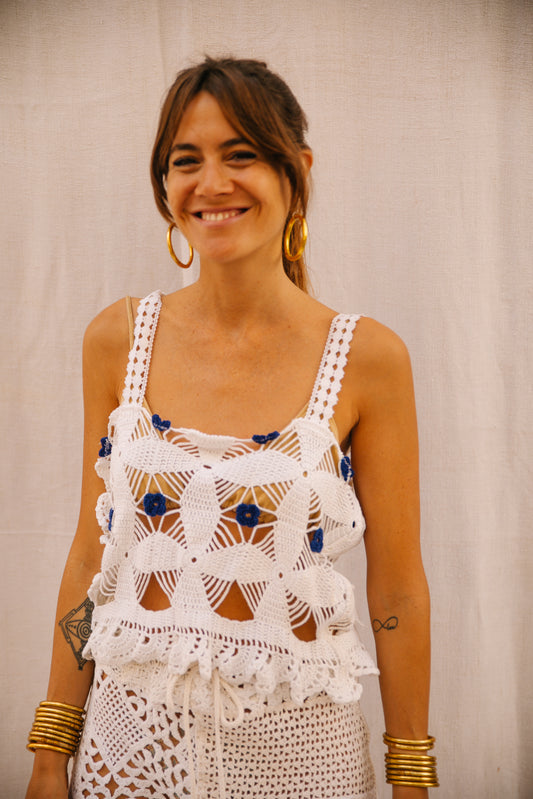 Up-cycled Crochet Top with Blue Flower Details – Handmade by Vagabond Ibiza