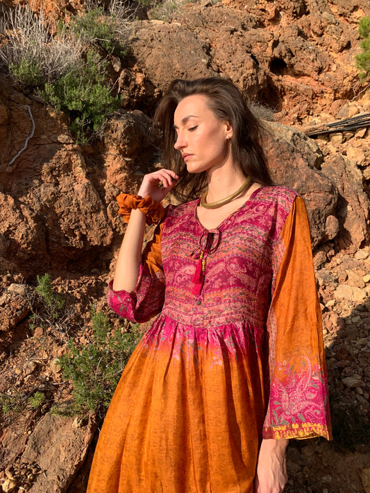 The Vadella Up-cycled Vintage Re-cycled Sari Maxi Dress – Sustainable Boho Dress with Tie Neck Detail + Matching Scrunchy & Bag