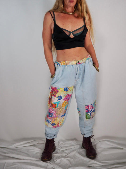 Vintage 1980s Denim Patchwork Pants a bold and playful statement piece