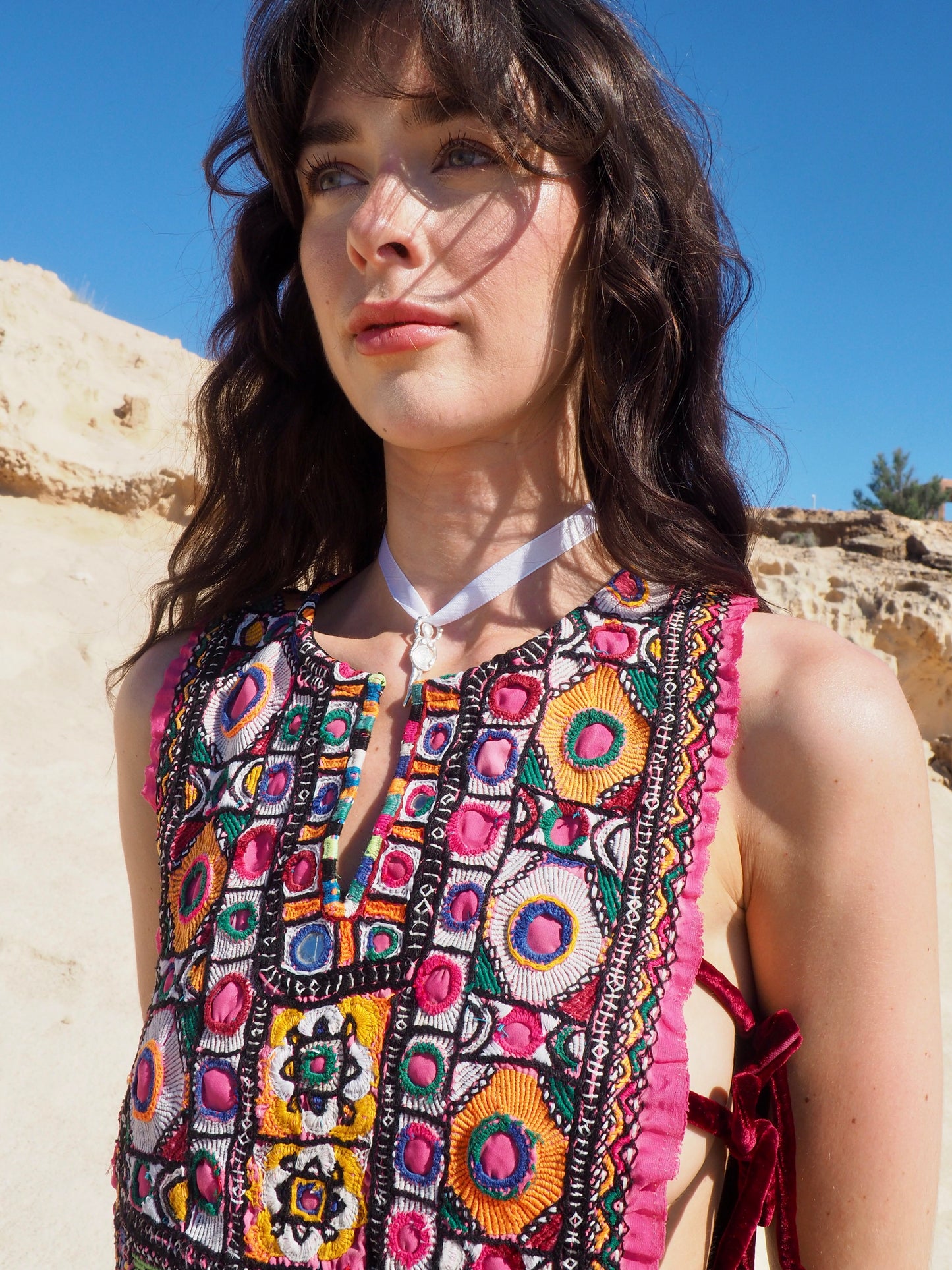 Vagabond Ibiza Up-cycled Vintage Indian Hand Embroidered Dress with vintage red velvet