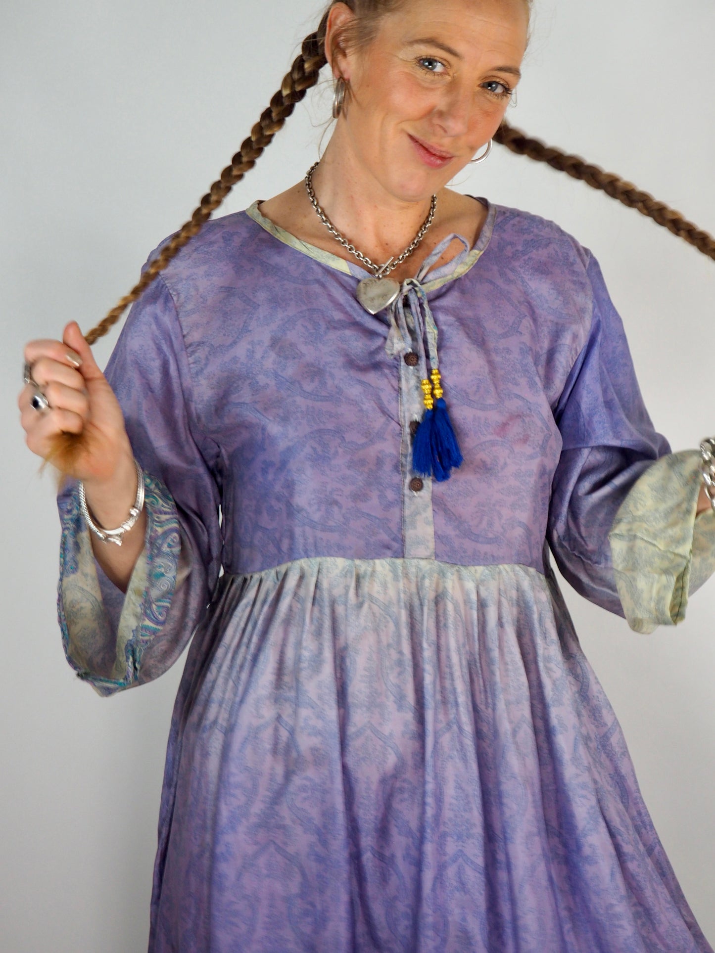 The Vadella Up-cycled Vintage Re-cycled Sari Maxi Dress – Sustainable Boho Dress with Tie Neck Detail + Matching Scrunchy & Bag