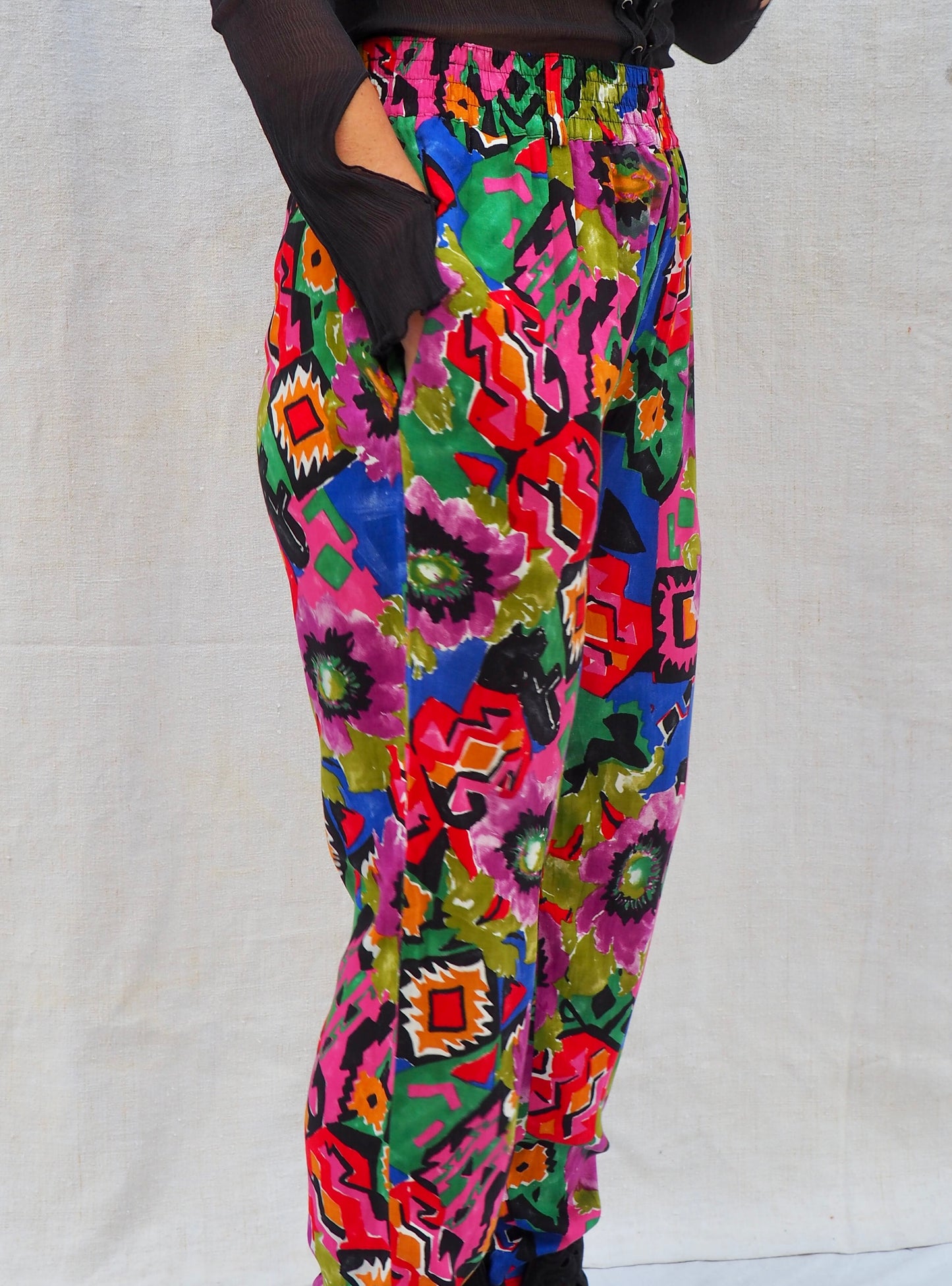 Vintage 1980s Colorful Cotton Printed Pants – Retro Geometric & Floral High-Waisted Trousers