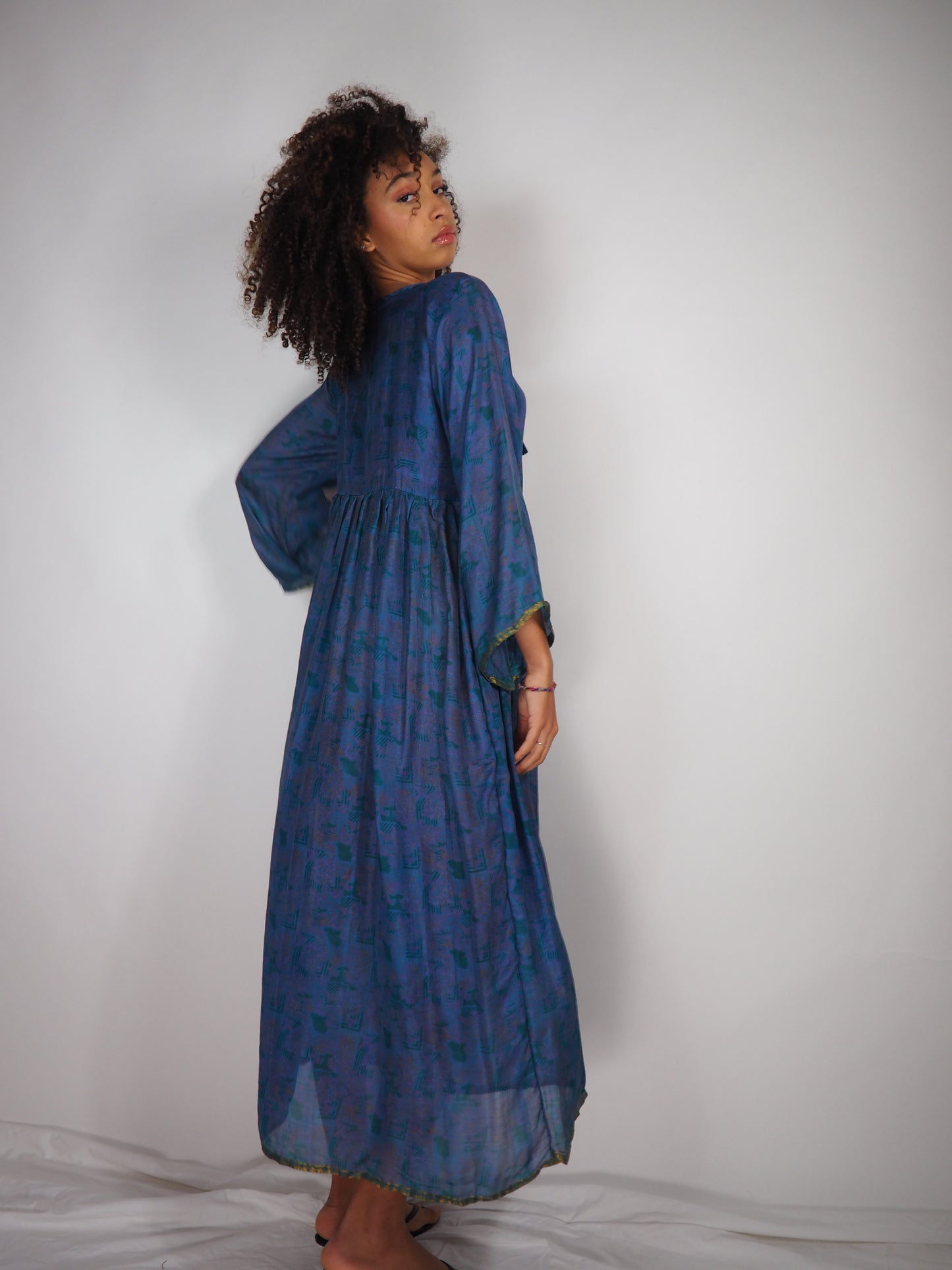 The Vadella Up-cycled Vintage Re-cycled Sari Maxi Dress – Sustainable Boho Dress with Tie Neck Detail + Matching Scrunchy & Bag