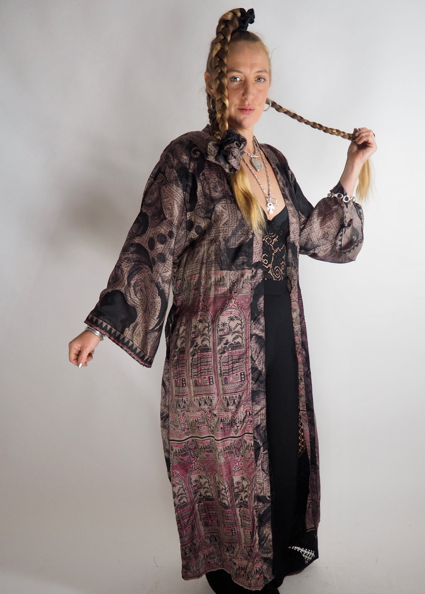 The Kardash Long Kimono – Up-cycled Vintage Sari long Kimono Robe with Waist Tie + Matching Scrunchy & Storage Bag