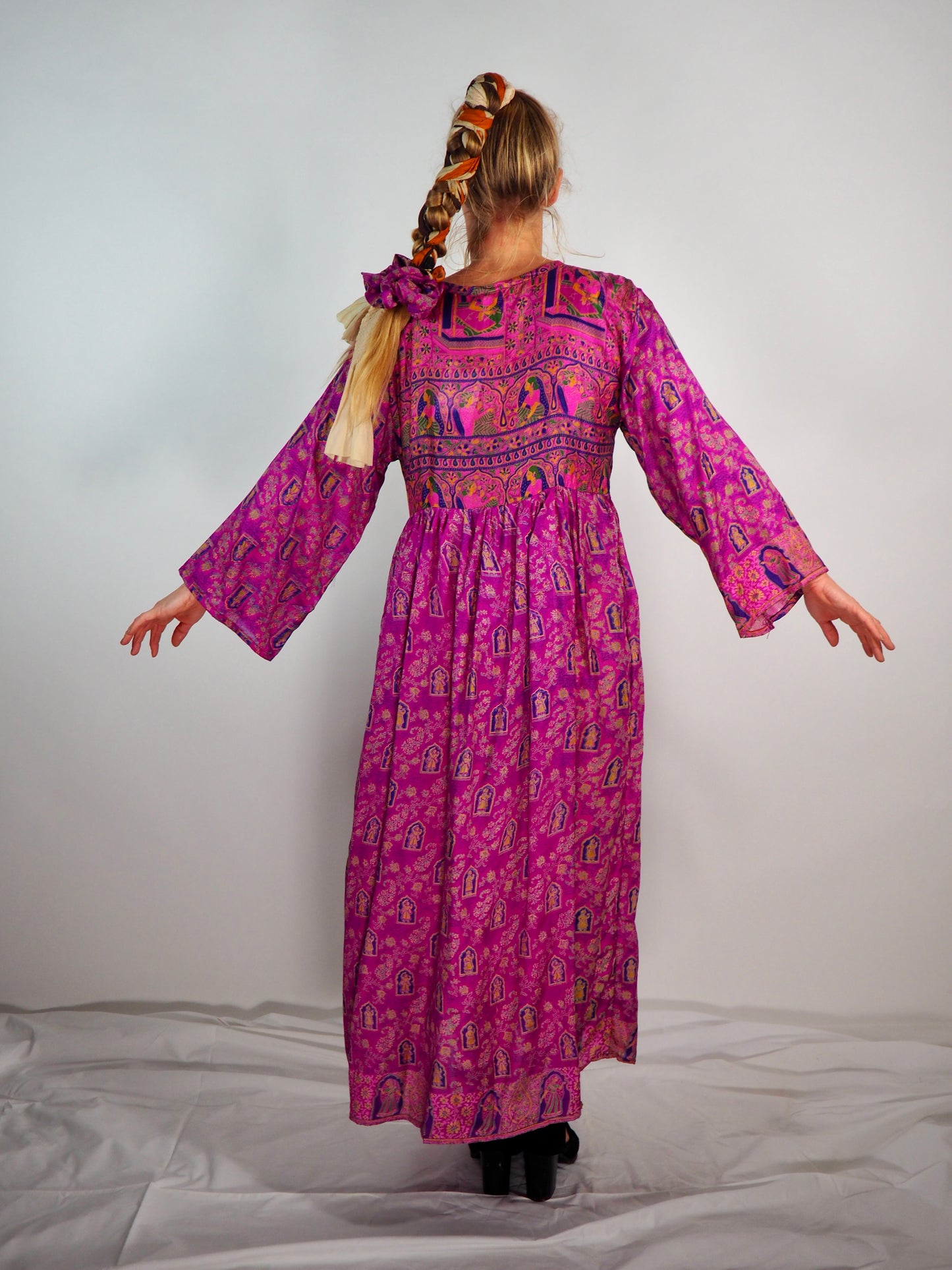 The Vadella Up-cycled Vintage Re-cycled Sari Maxi Dress – Sustainable Boho Dress with Tie Neck Detail + Matching Scrunchy & Bag