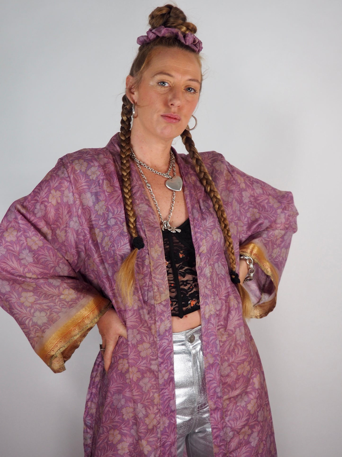 The Kardash Long Kimono – Up-cycled Vintage Sari long Kimono Robe with Waist Tie + Matching Scrunchy & Storage Bag