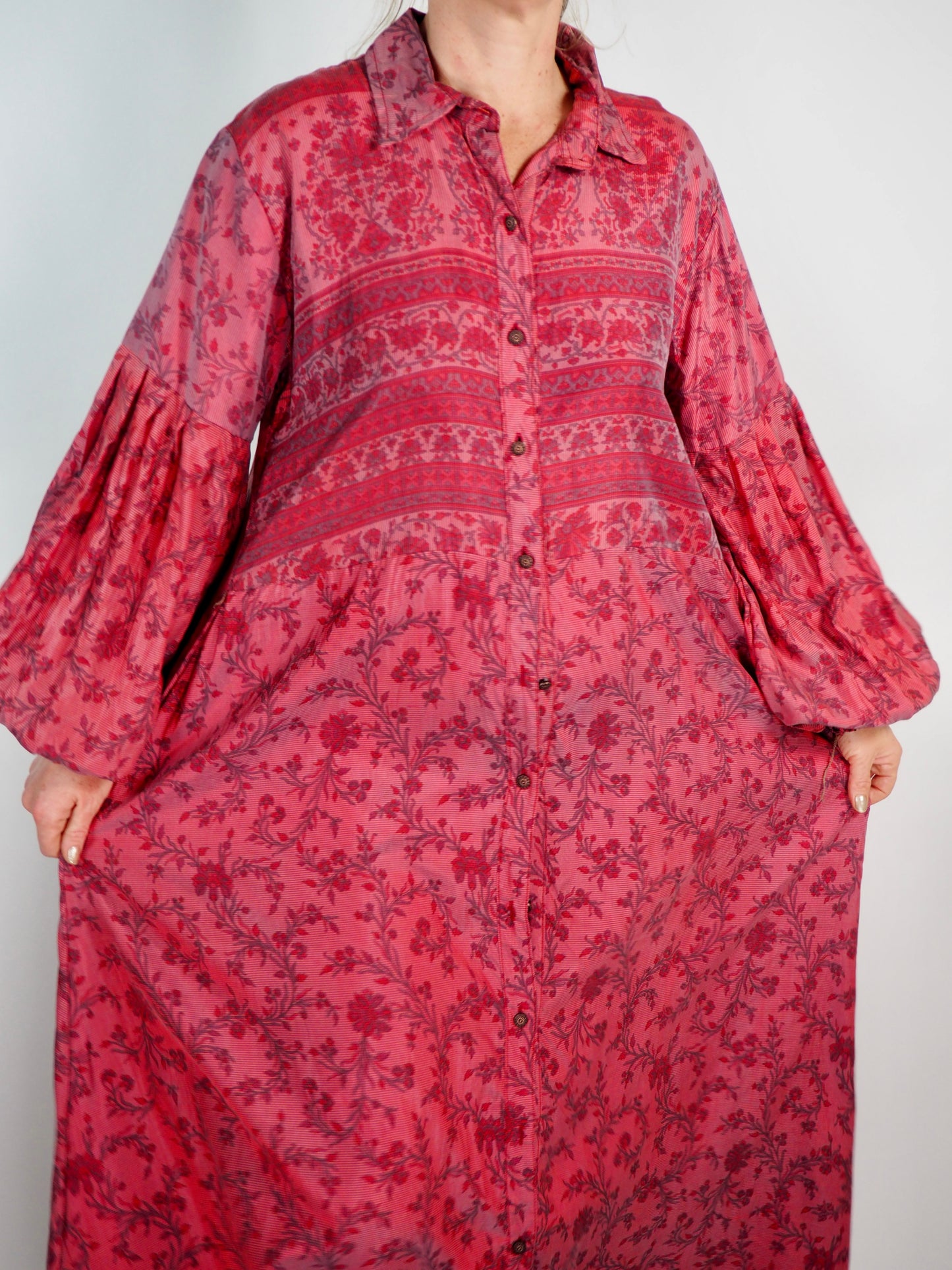 The Lenya Up-cycled Vintage Sari Dress – Sustainable Boho Dress with Oversized Sleeves Matching Scrunchy & Storage Bag