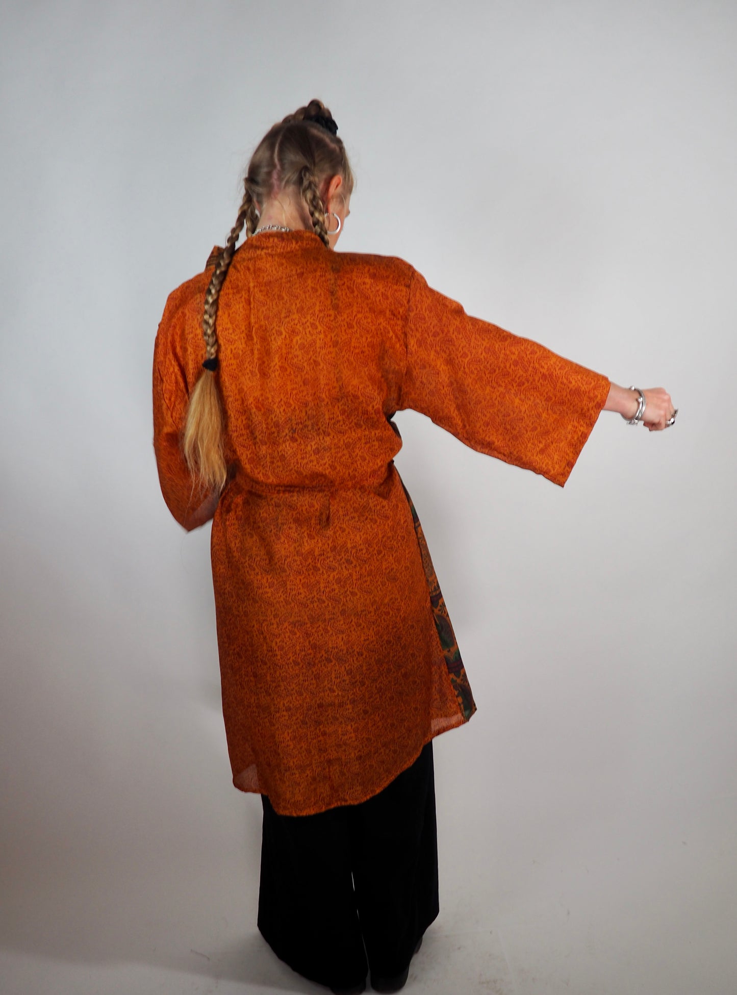 The Kardash Medium-Length Kimono – Up-cycled Vintage Sari Kimono Jacket with Waist Tie + Matching Scrunchy & Storage Bag