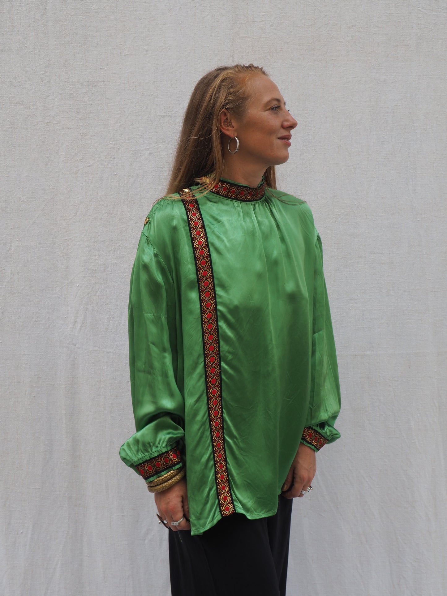 Vintage 1970s Green Satin Jacket with Embellished Trim