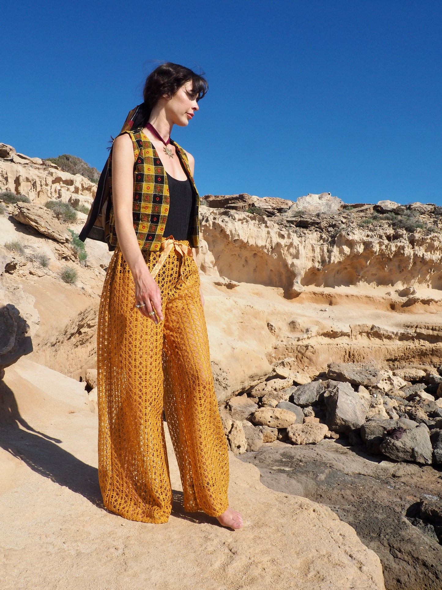 Up-cycled Mustard Yellow Wide-Leg Pants made from machine crochet textiles by Vagabond Ibiza