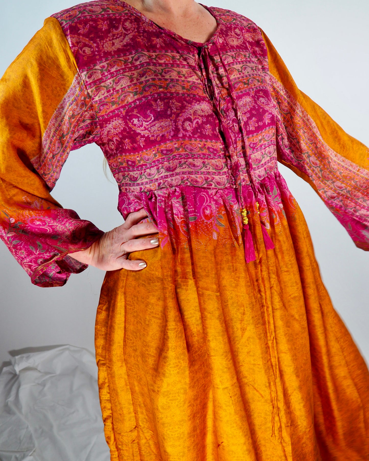 The Vadella Up-cycled Vintage Re-cycled Sari Maxi Dress – Sustainable Boho Dress with Tie Neck Detail + Matching Scrunchy & Bag