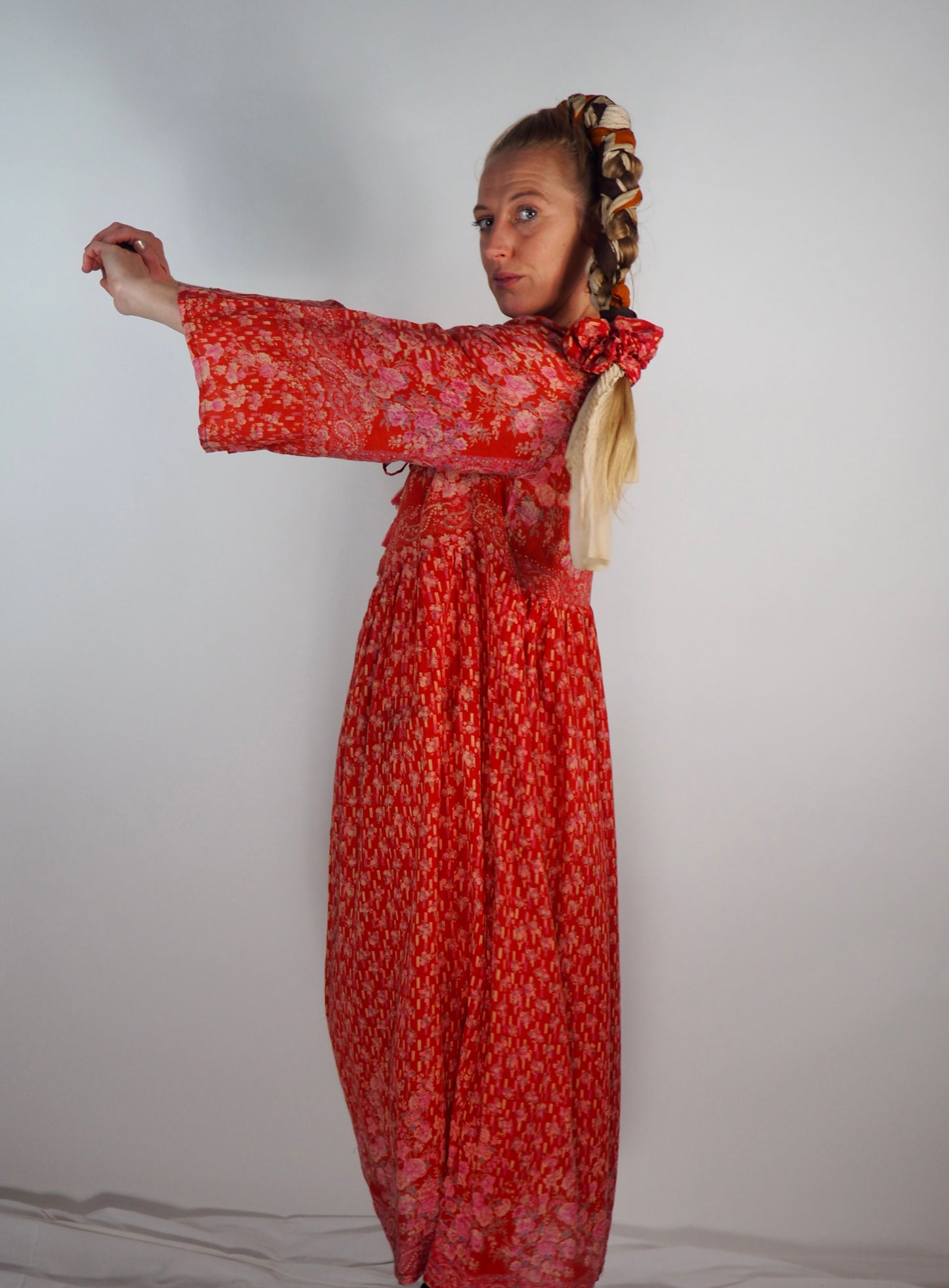 The Vadella Up-cycled Vintage Re-cycled Sari Maxi Dress – Sustainable Boho Dress with Tie Neck Detail + Matching Scrunchy & Bag