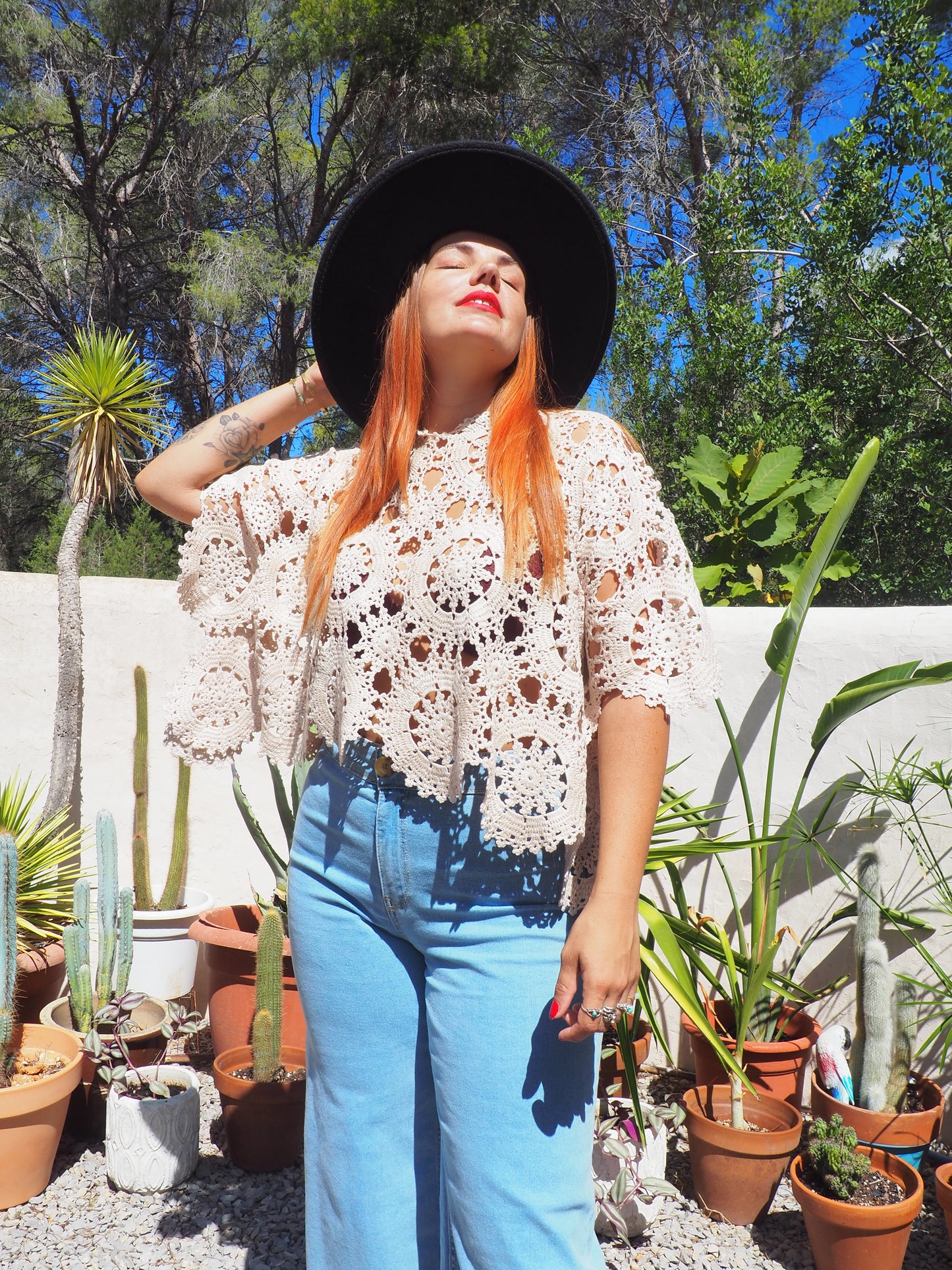 Vintage cream silk crochet top up-cycled by Vagabond Ibiza