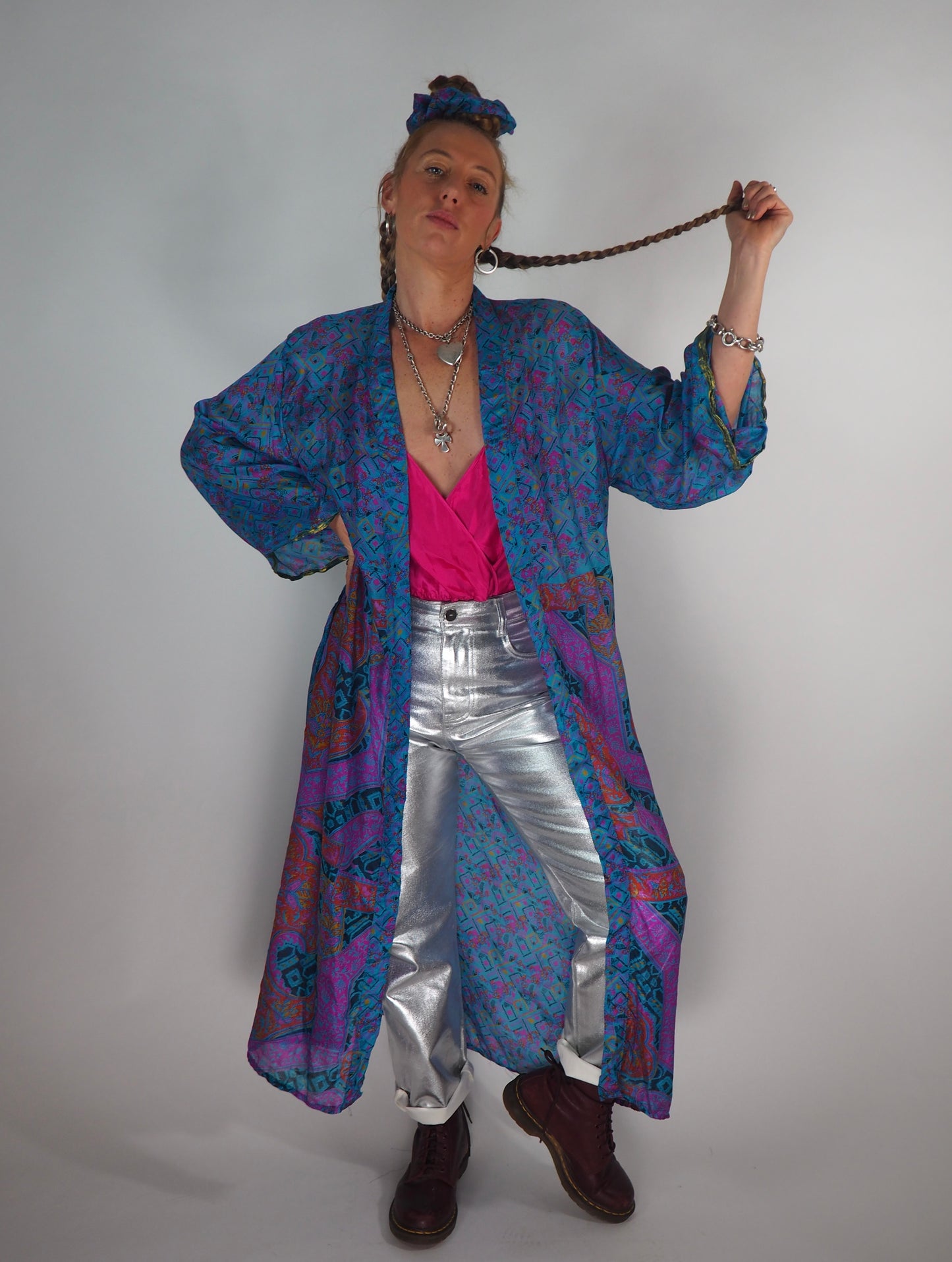 The Kardash Long Kimono – Up-cycled Vintage Sari long Kimono Robe with Waist Tie + Matching Scrunchy & Storage Bag