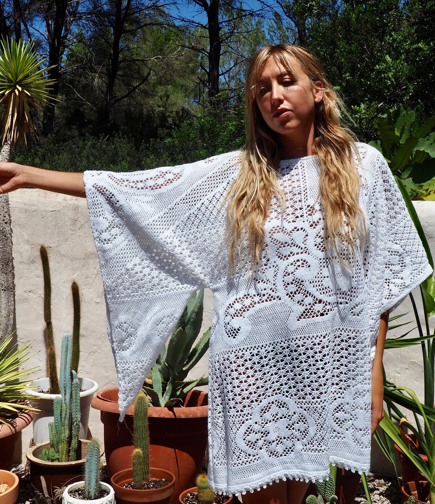 White vintage crochet bell sleeve shirt dress up-cycled by Vagabond Ibiza made in our atelier in Ibiza
