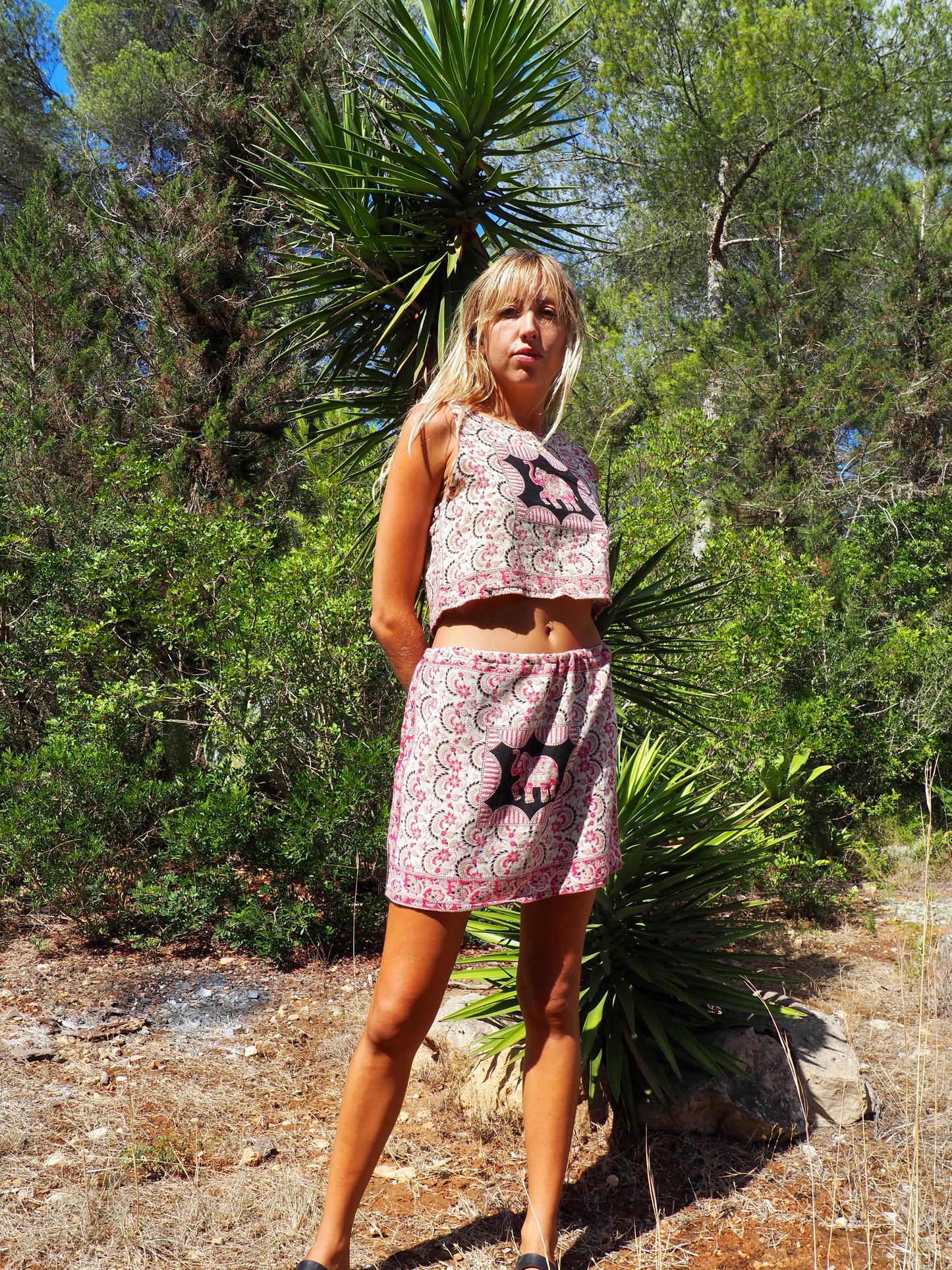 Up-cycled thin cotton vintage Indian block printed crop top t-shirt by Vagabond Ibiza