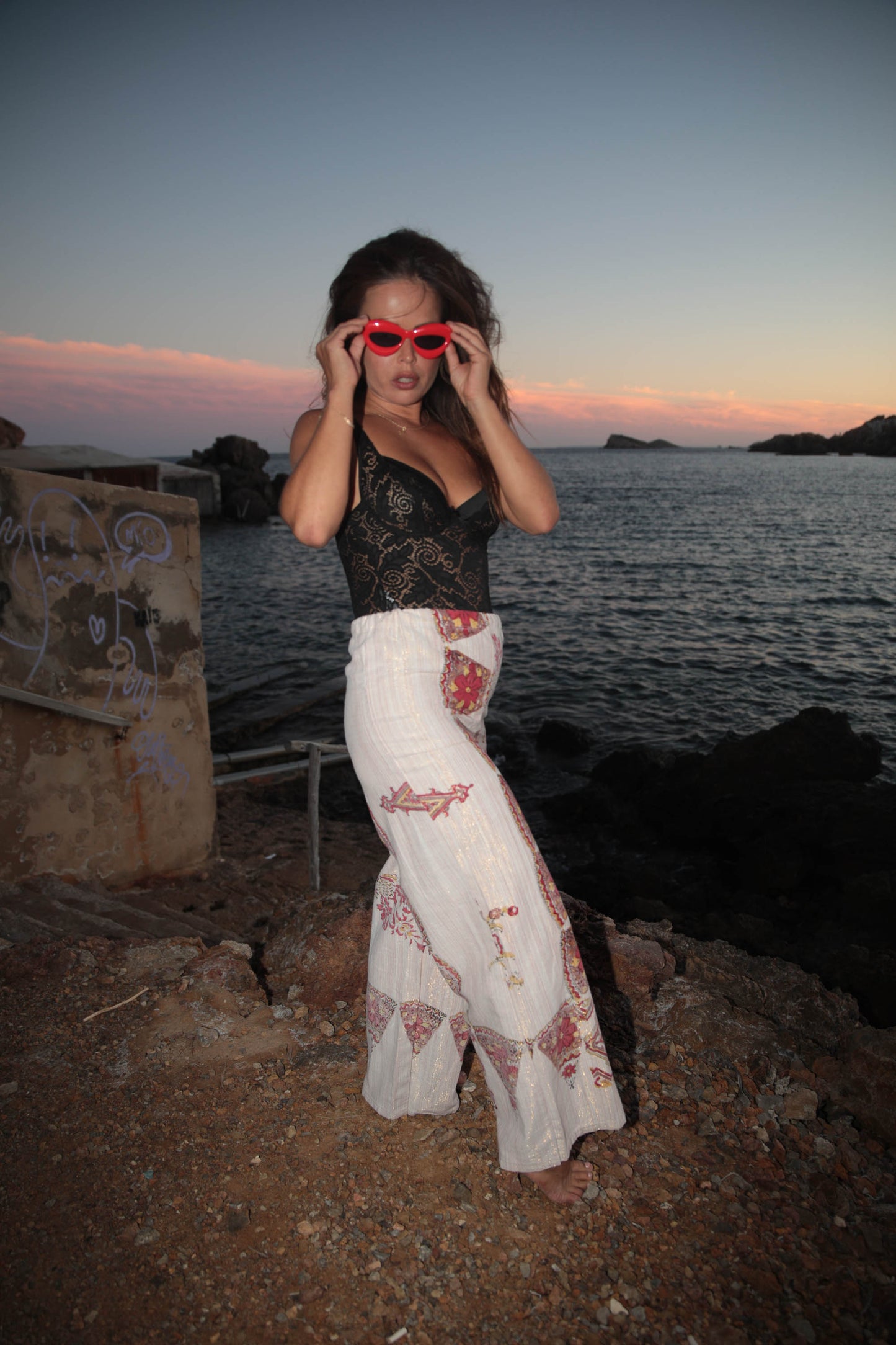 Vintage Indian cotton pants up-cycled by Vagabond Ibiza with block print design and gold thread detail